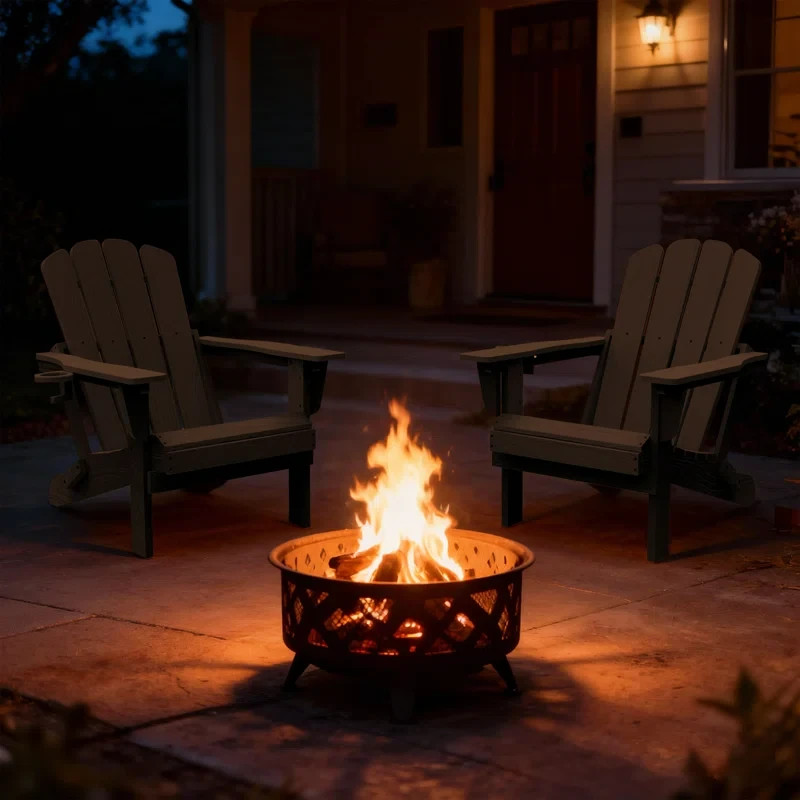 2pcs All-Weather HDPE Folding Adirondack Chair Fire Pit Chair w/Cup Holder,Brown