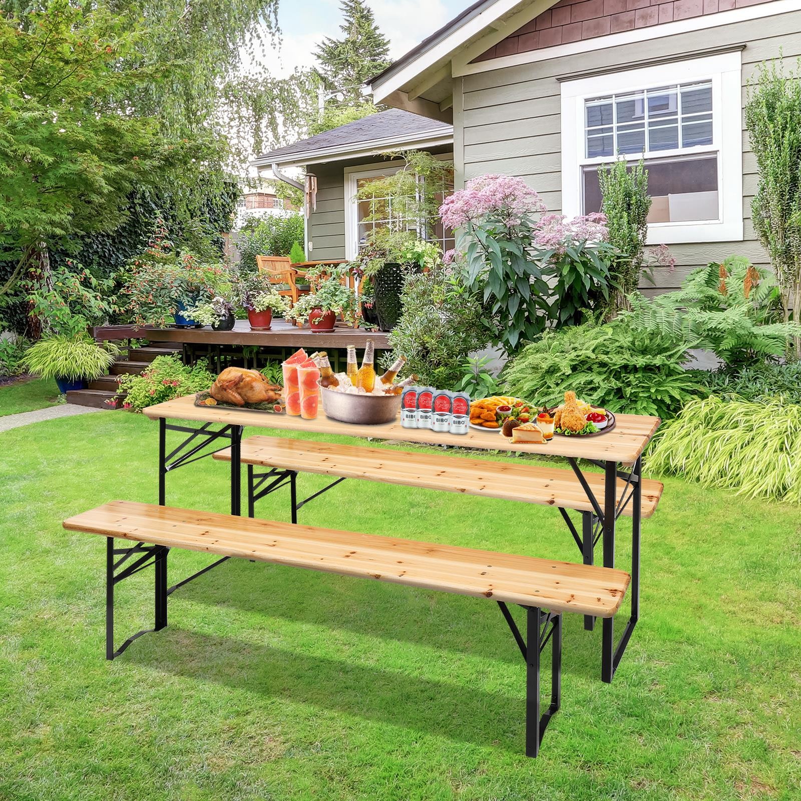 Wooden Folding Camping Table Bench 3PCS Set Patio Picnic for Garden Yard Outdoor