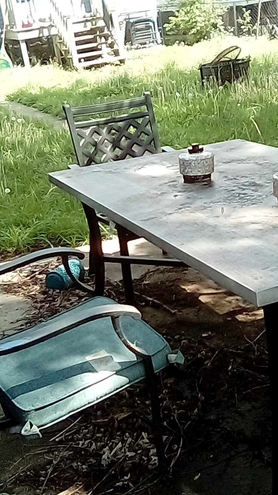 Metal Patio Table & 4 Chairs Set, Blue Cushions, Black & Gray, 5-Piece