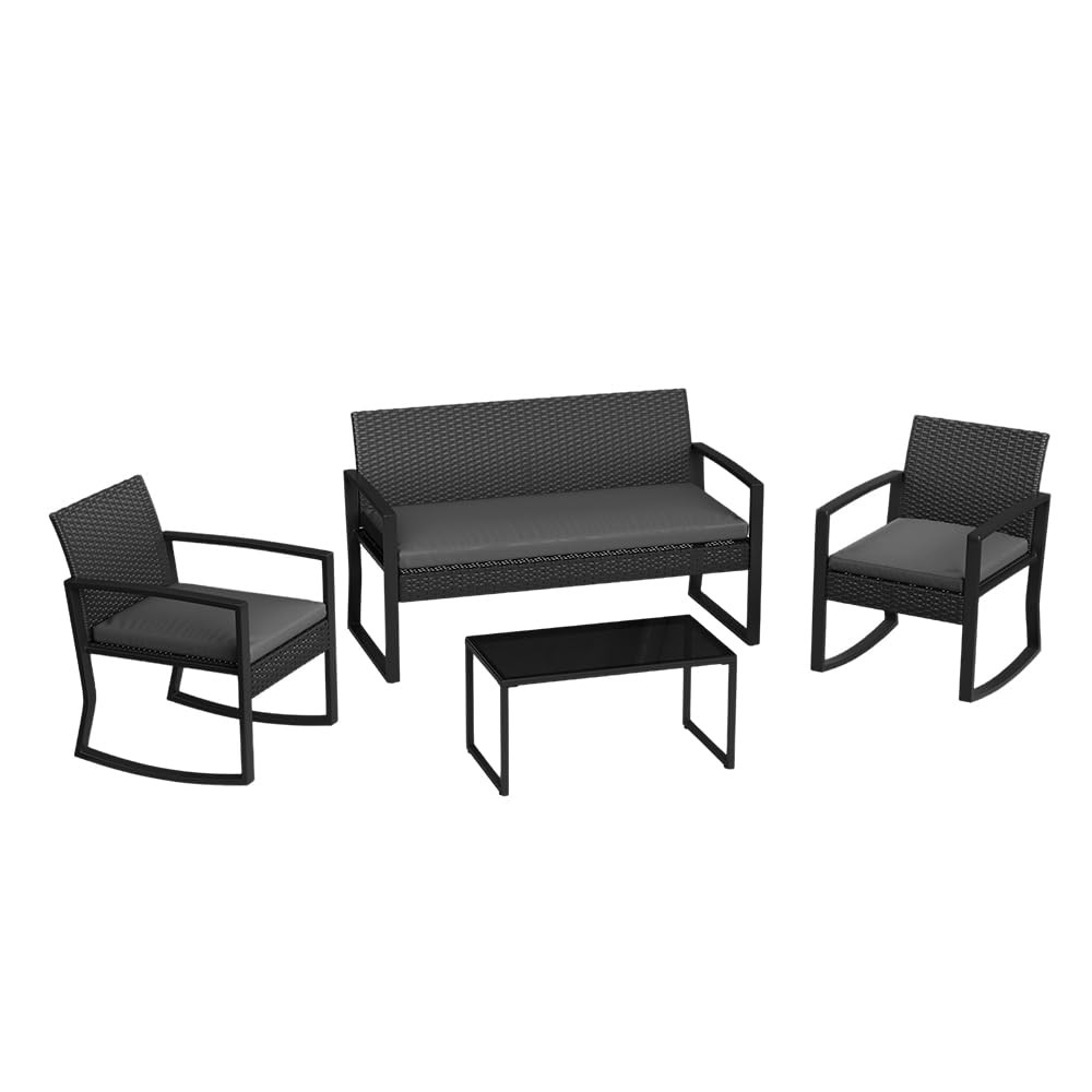 Garvee 4 Piece Patio Furniture Set, PE Rattan Outdoor Rocking Chair Conversat…