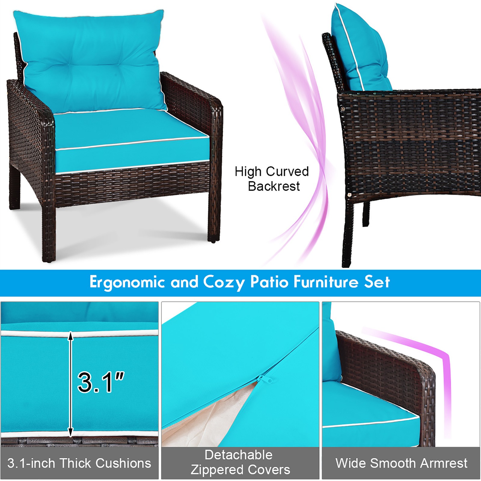 5PCS Patio Set Sectional Rattan Wicker Furniture Set w/ Turquoise Cushion