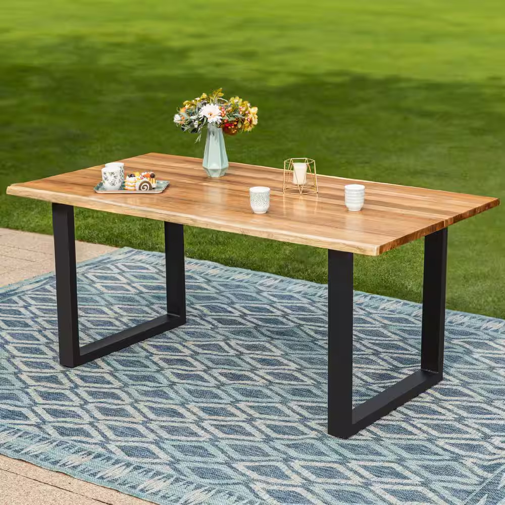 Brown Acacia Wood Patio Dining Table with Sleek U-Shaped Legs