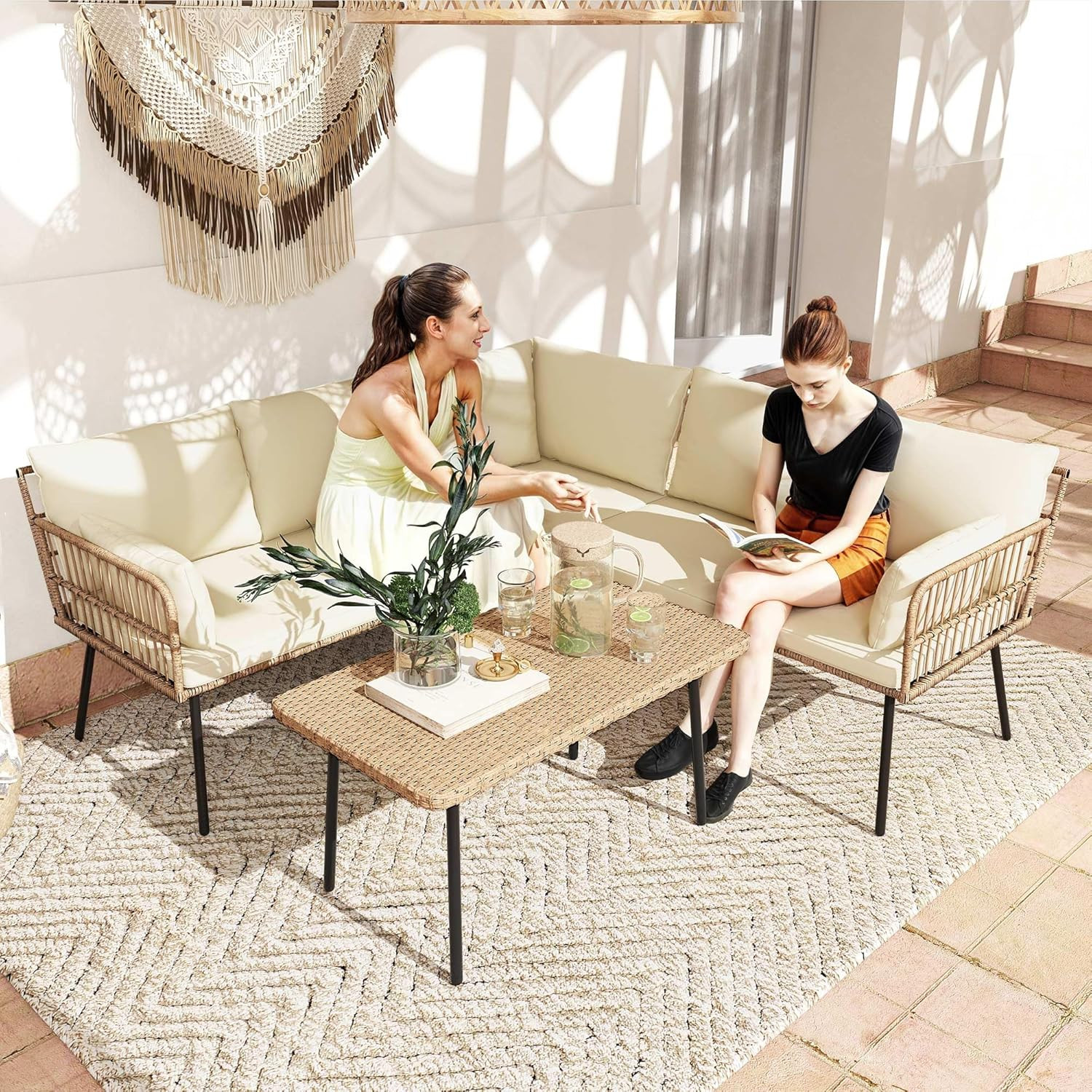 4-Piece Outdoor Patio Furniture Set with L-Shaped Sofa & Side Table – Beige