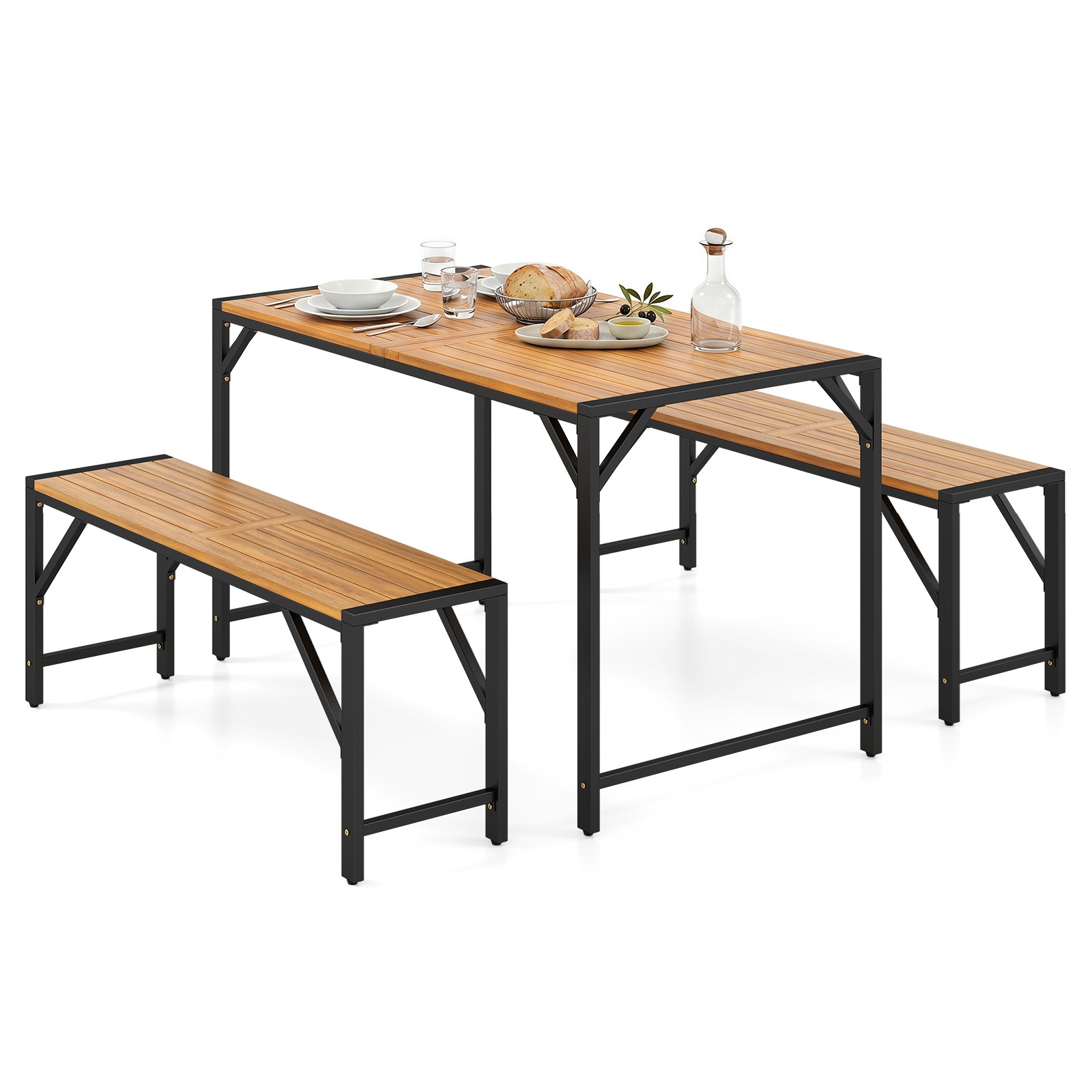 3PCS Acacia Wood Patio Dining Table Set w/Umbrella Hole, 2 Backless Benches