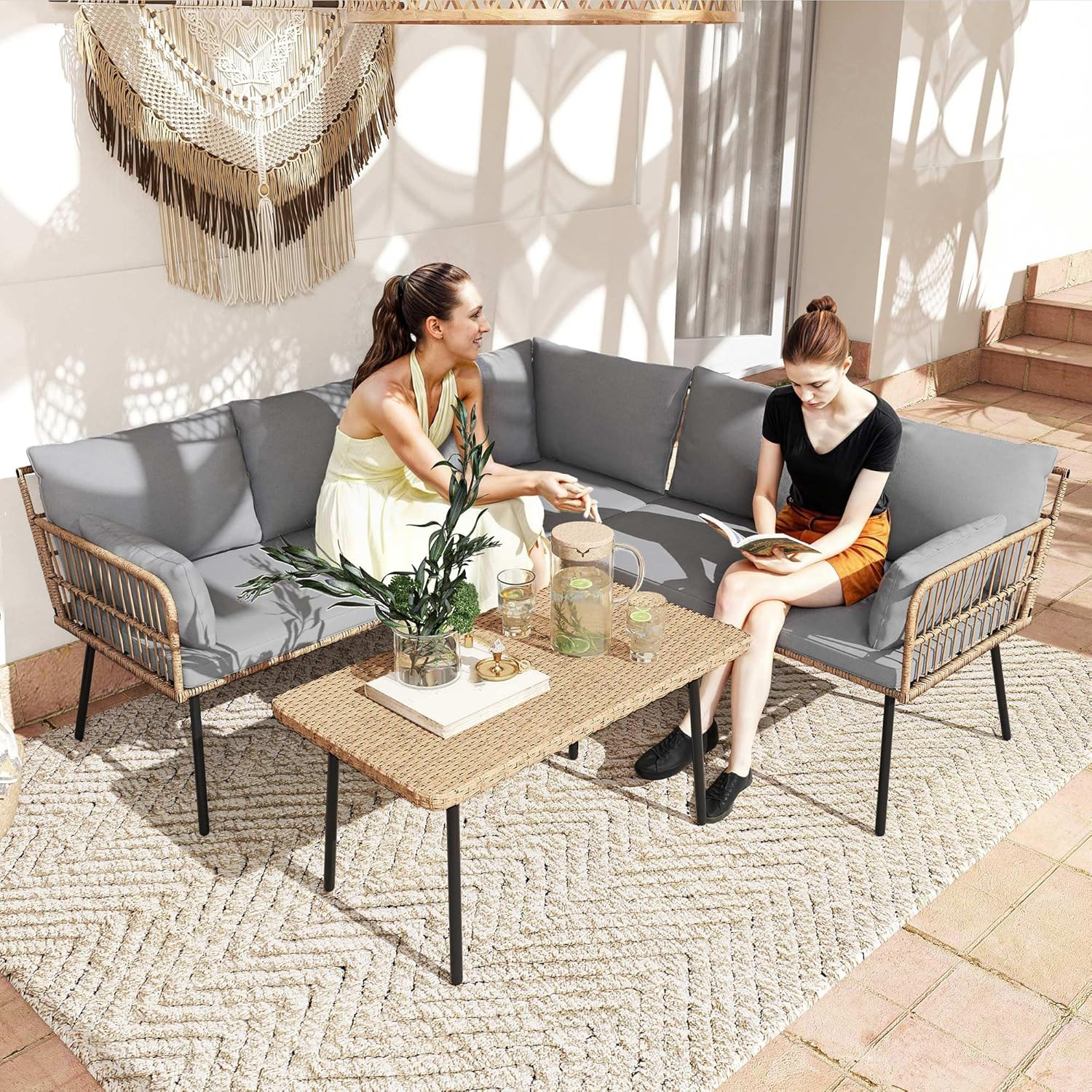 4-Piece Outdoor Sectional Sofa Set, All-Weather Wicker L-Shaped 5-Seater Patio F