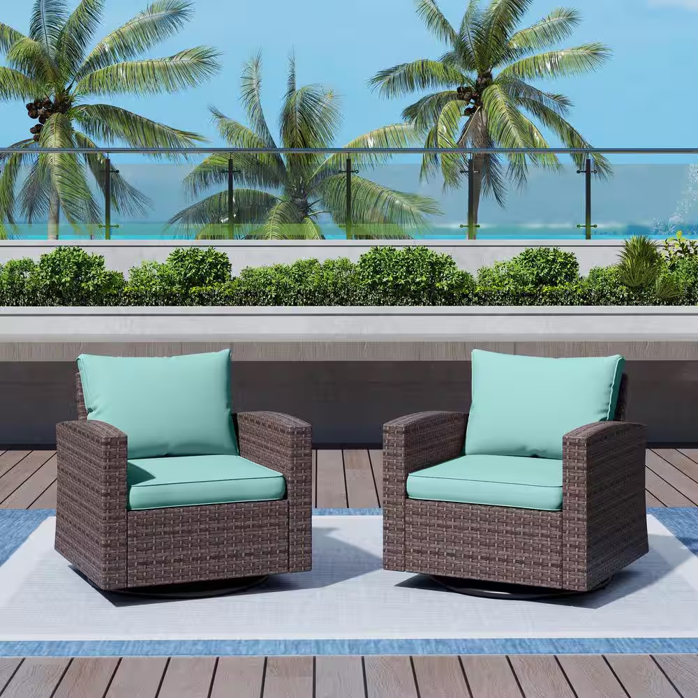 Dark Brown Rattan Wicker Outdoor Patio Swivel Chairs with Aqua Blue Cushions (2-