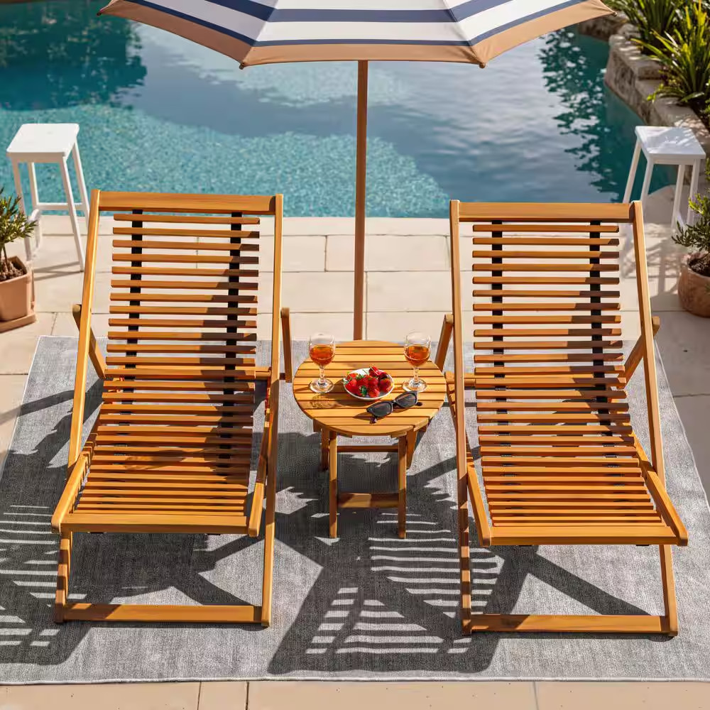 3-Pieces Acacia Wood Outdoor Bistro Set with Folding Chaise Lounge and Side Tabl