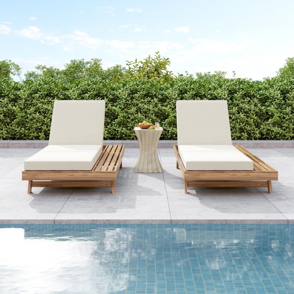 2-Pc Acacia Solid Wood Outdoor Chaise Lounge Set w/ Cushions
