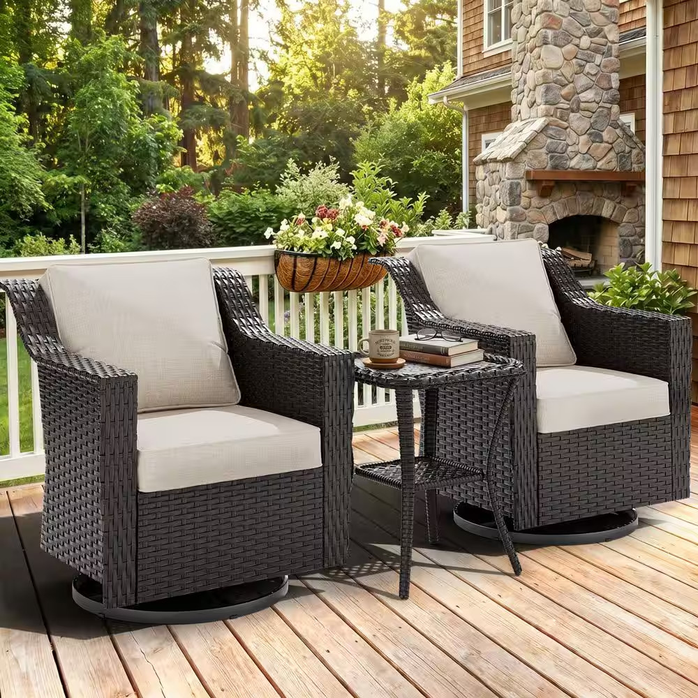 3-Piece Stylish Wicker Patio Swivel Chair Outdoor Rocking Chair Set with Thick B