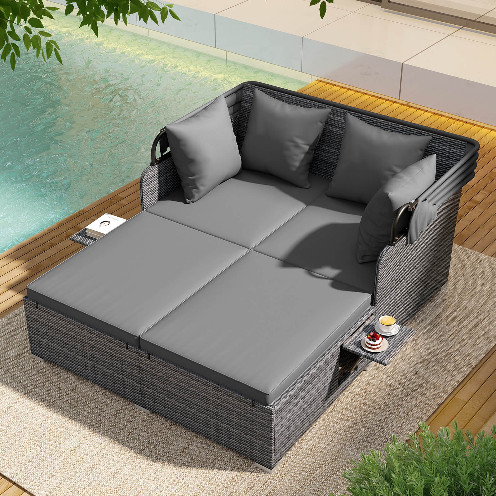 Patio Rattan Daybed Lounge Retractable Top Canopy Side Tables Cushions Beige