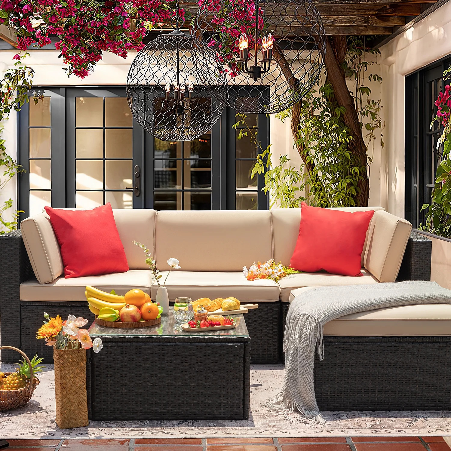 Beige 5-Piece Outdoor Patio Sectional Set with Table – All-Weather Wicker