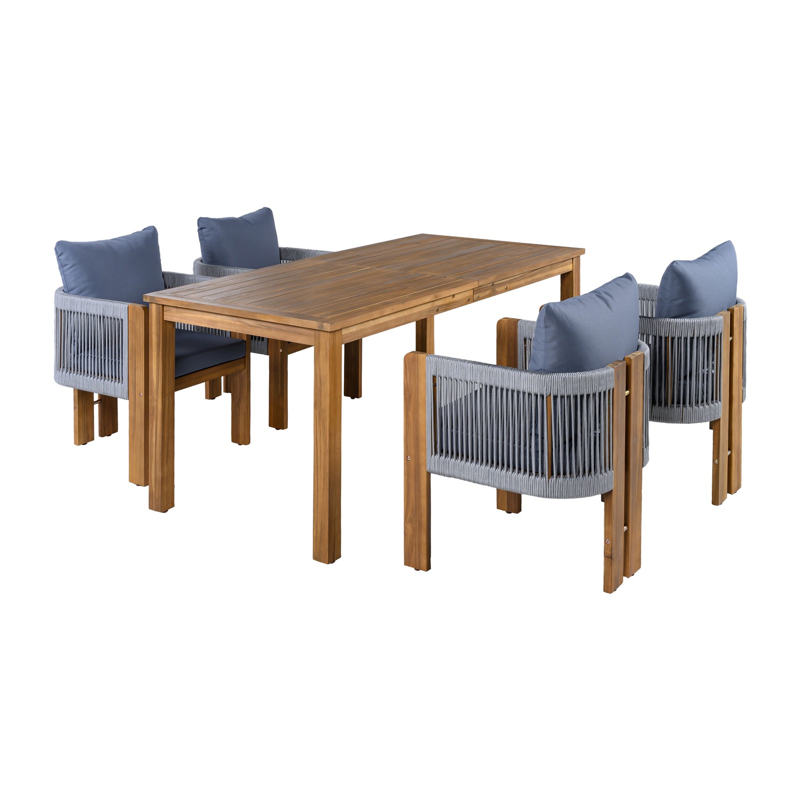 Acacia Wood Outdoor Dining Set with Cushions, Seats 4, Rope Chairs