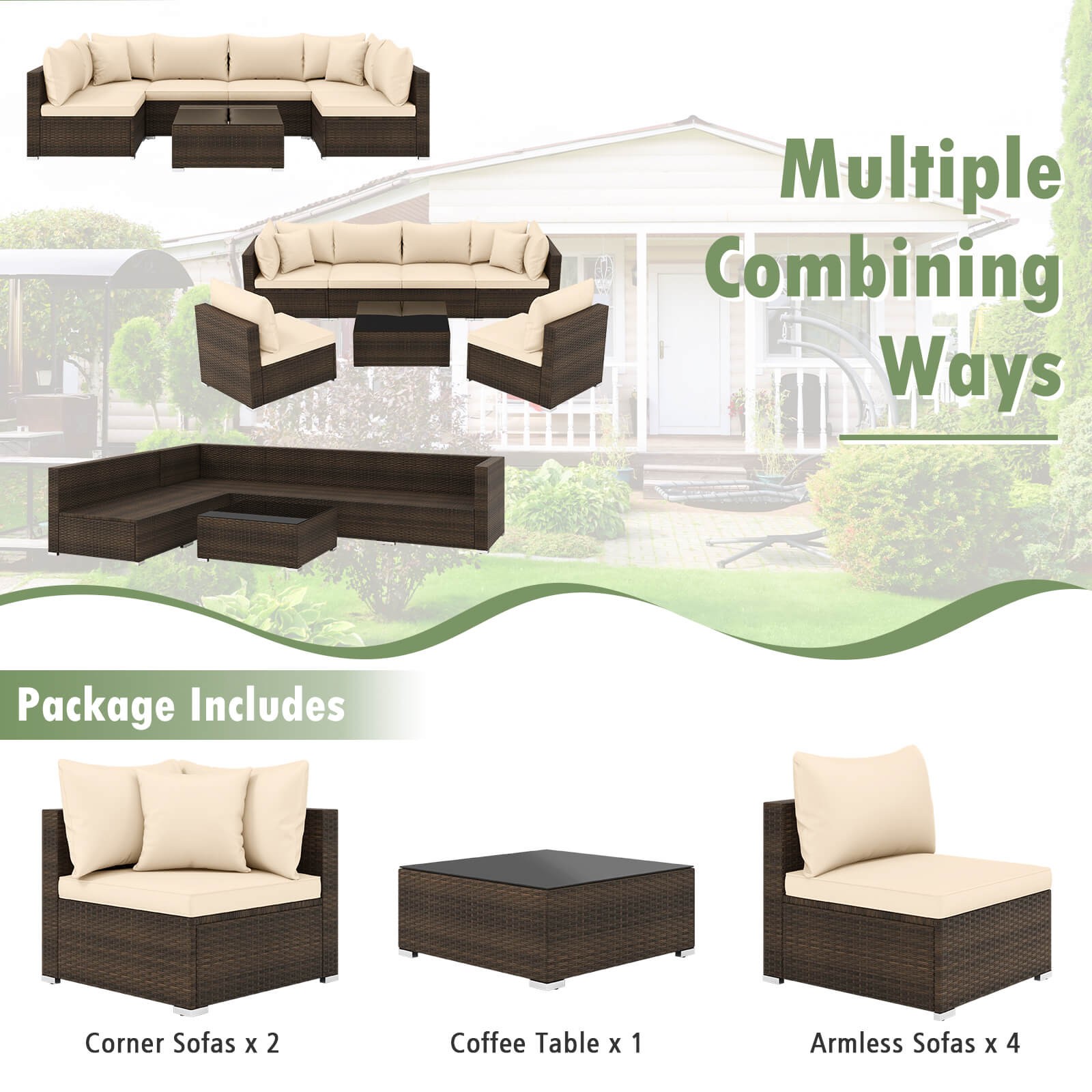 Patio 7 PCS Rattan Furniture Set Sectional Sofa Cushioned Garden Beige