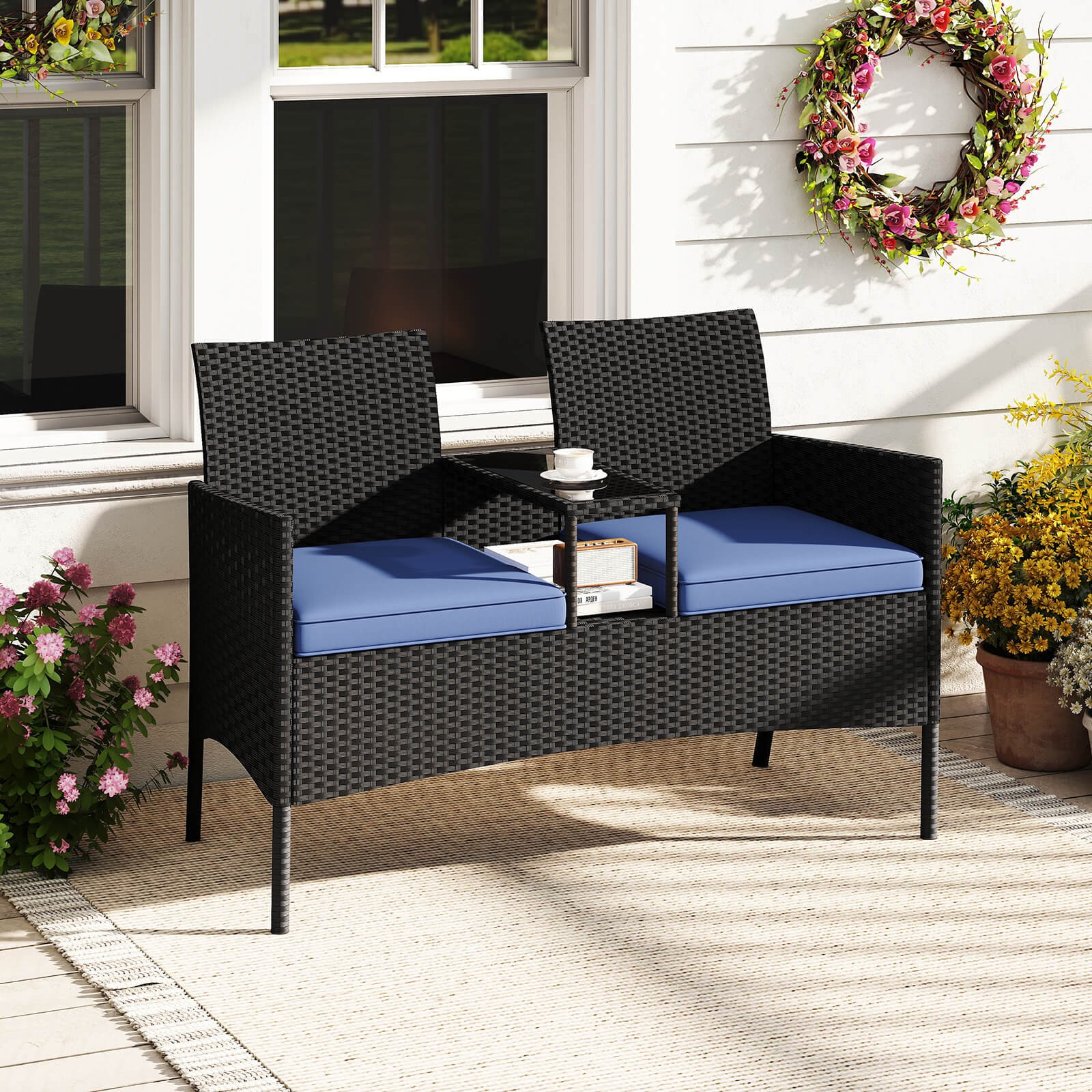 Patio Loveseat w/ Built-in Table Soft Cushions & Tempered Glass Tabletop