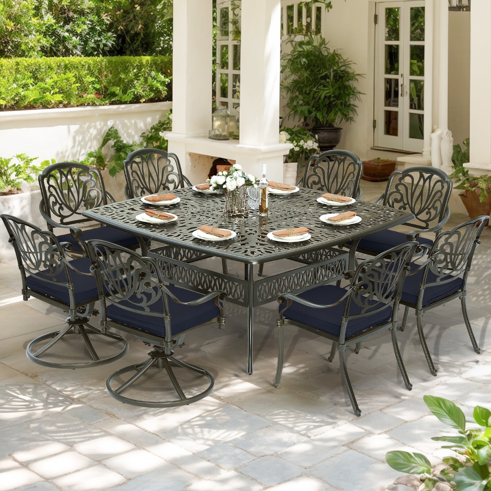 9 Piece Outdoor Patio Dining Set Cast Aluminum Table and Chairs with Cushions