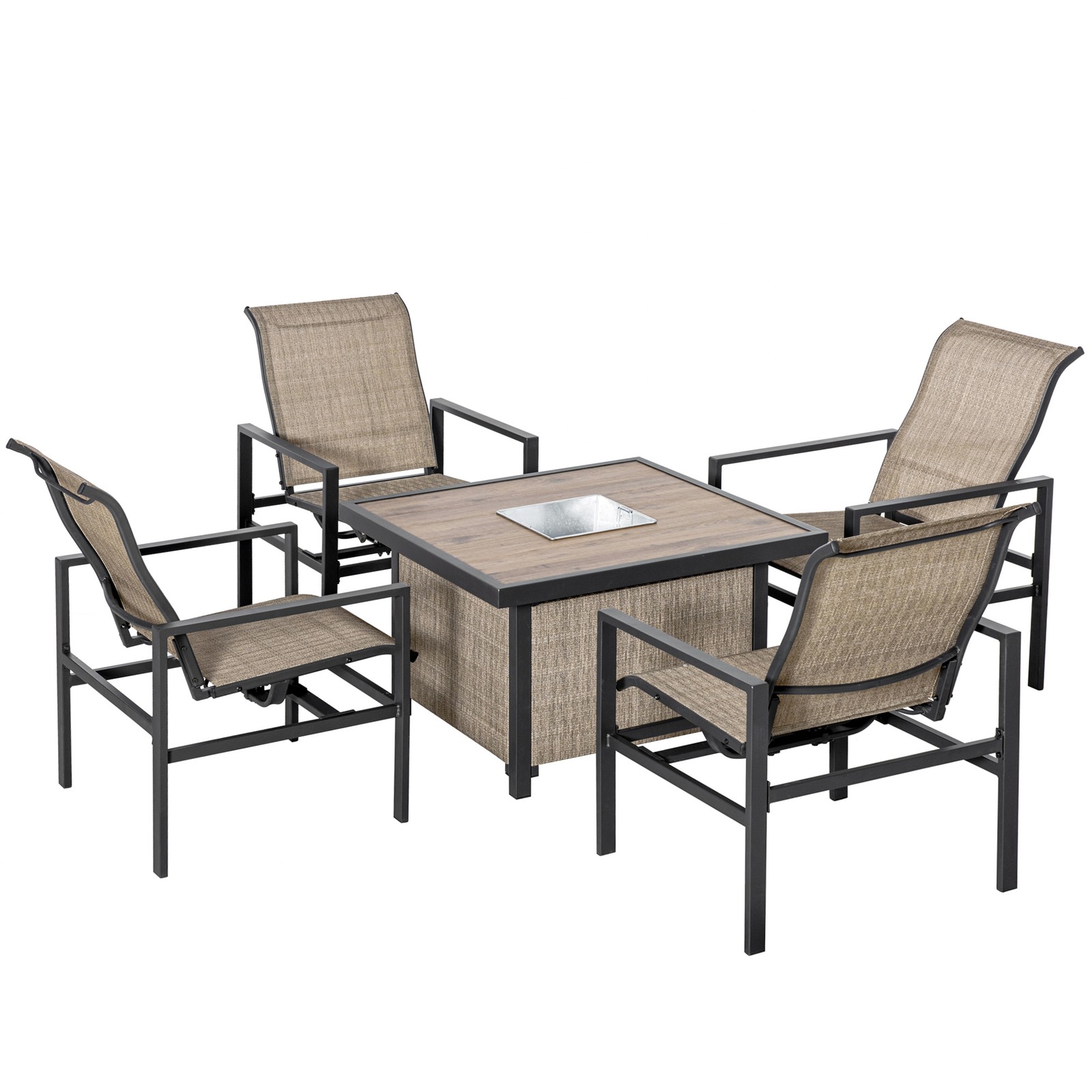 5pc Outdoor Patio Dining Set, Ice Bucket, 4 Rocking Chairs, Square Table, Beige