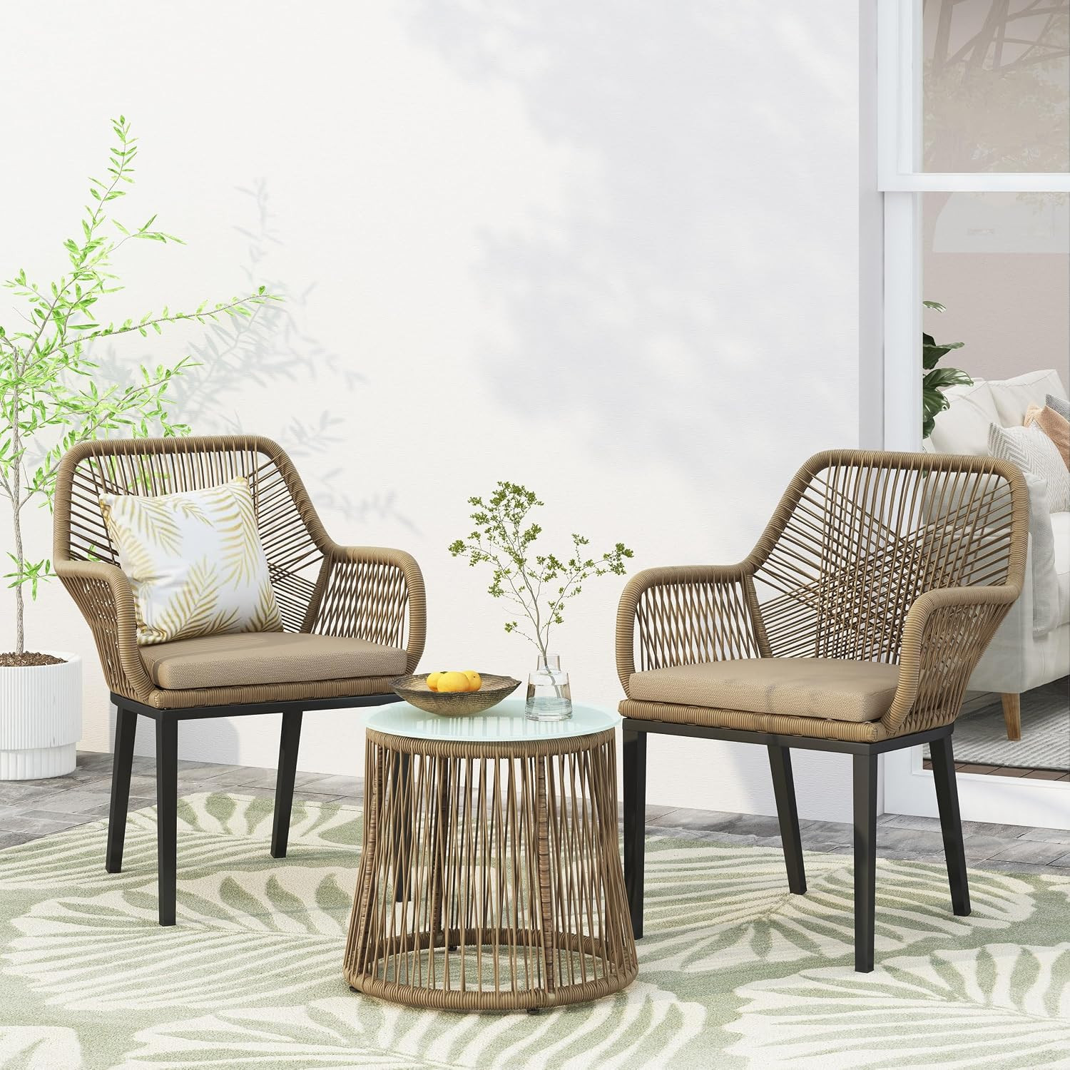 3-Piece Outdoor Boho Rattan Bistro Set, Patio Rattan Lounge Chairs with Cushions