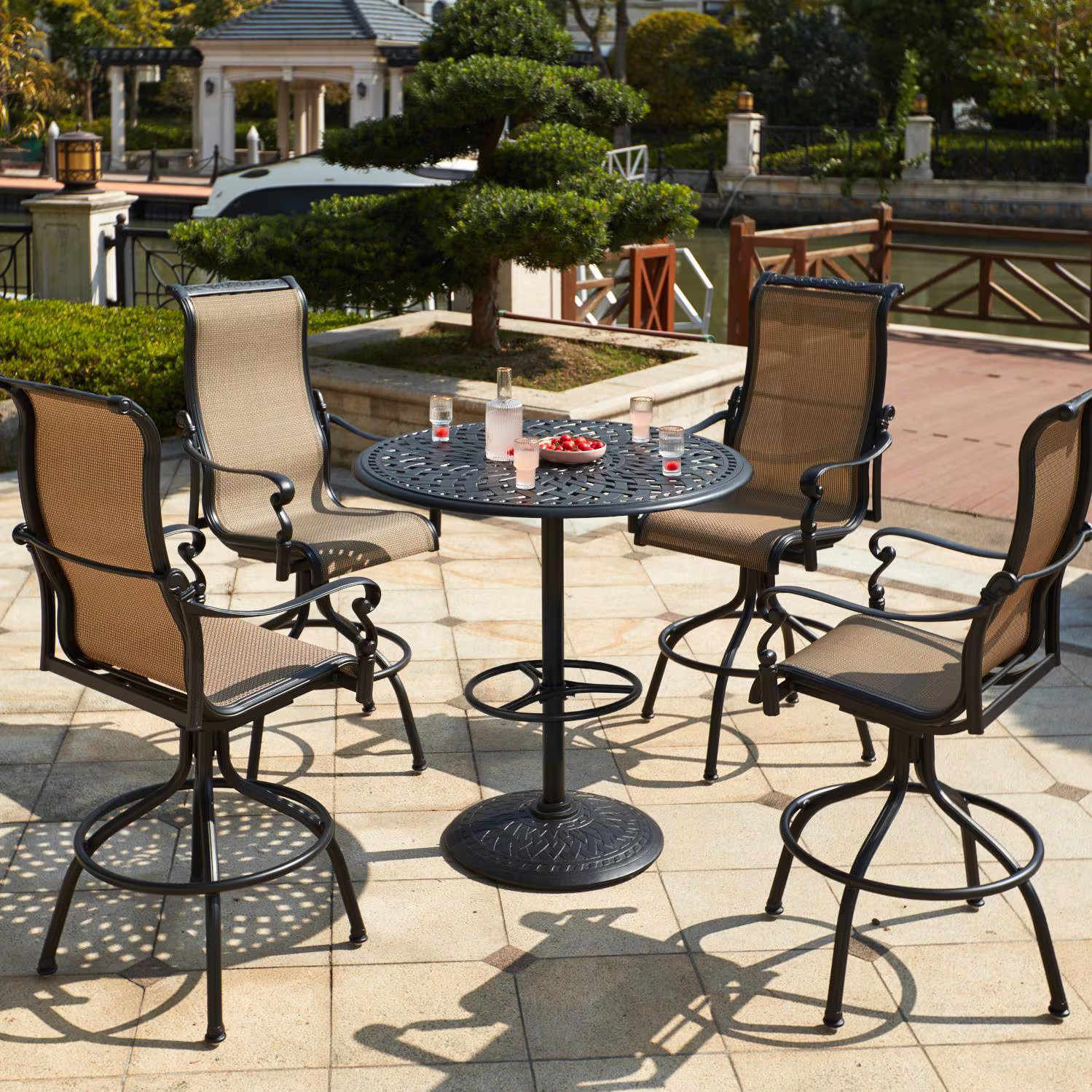 Monterey 5 Pc Cast Aluminum Bar Set 42 Inch Round Series 60 Table in Antique