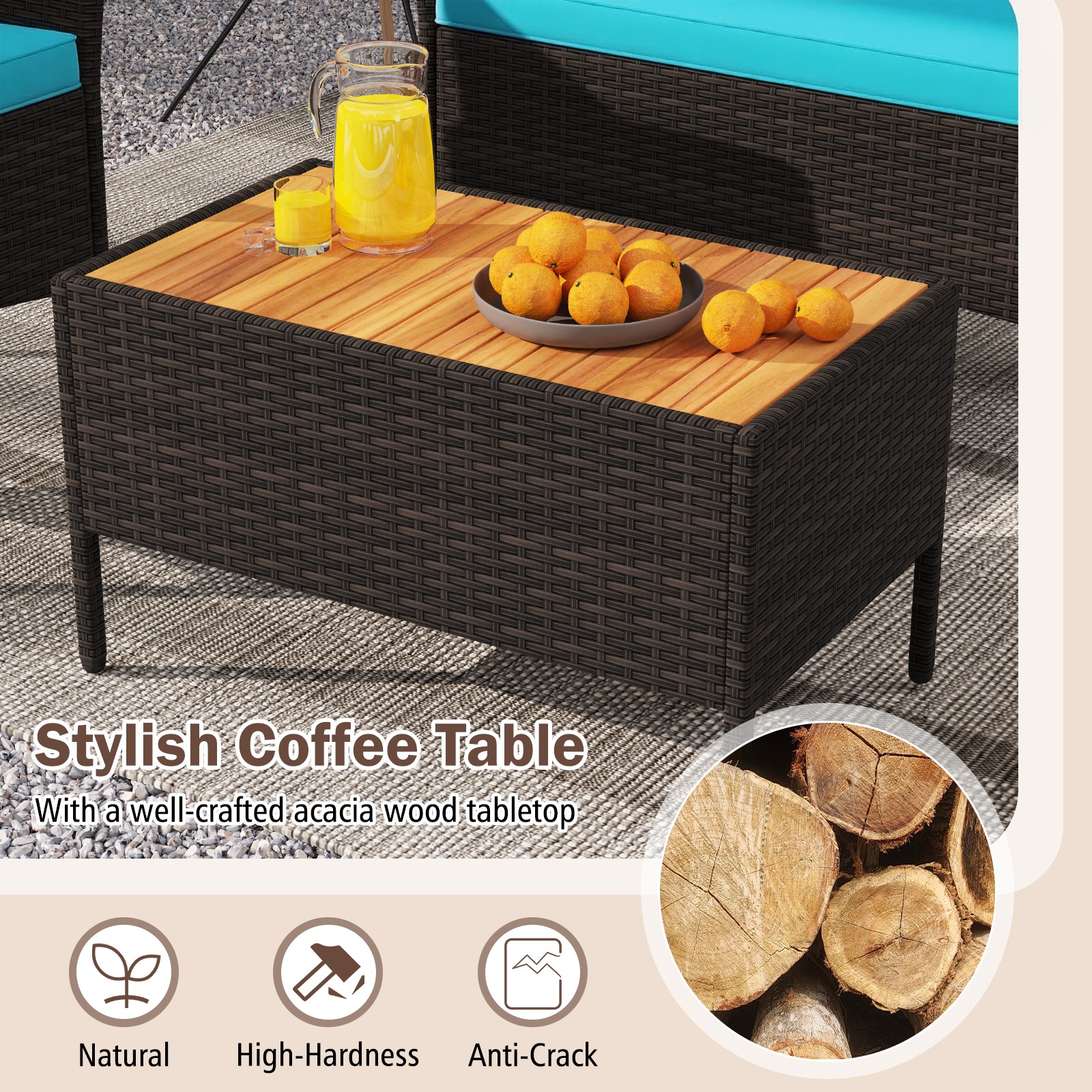 4 PCS Patio Wicker Sofa Set with Coffee Table Acacia Wood Armrests and Tabletop