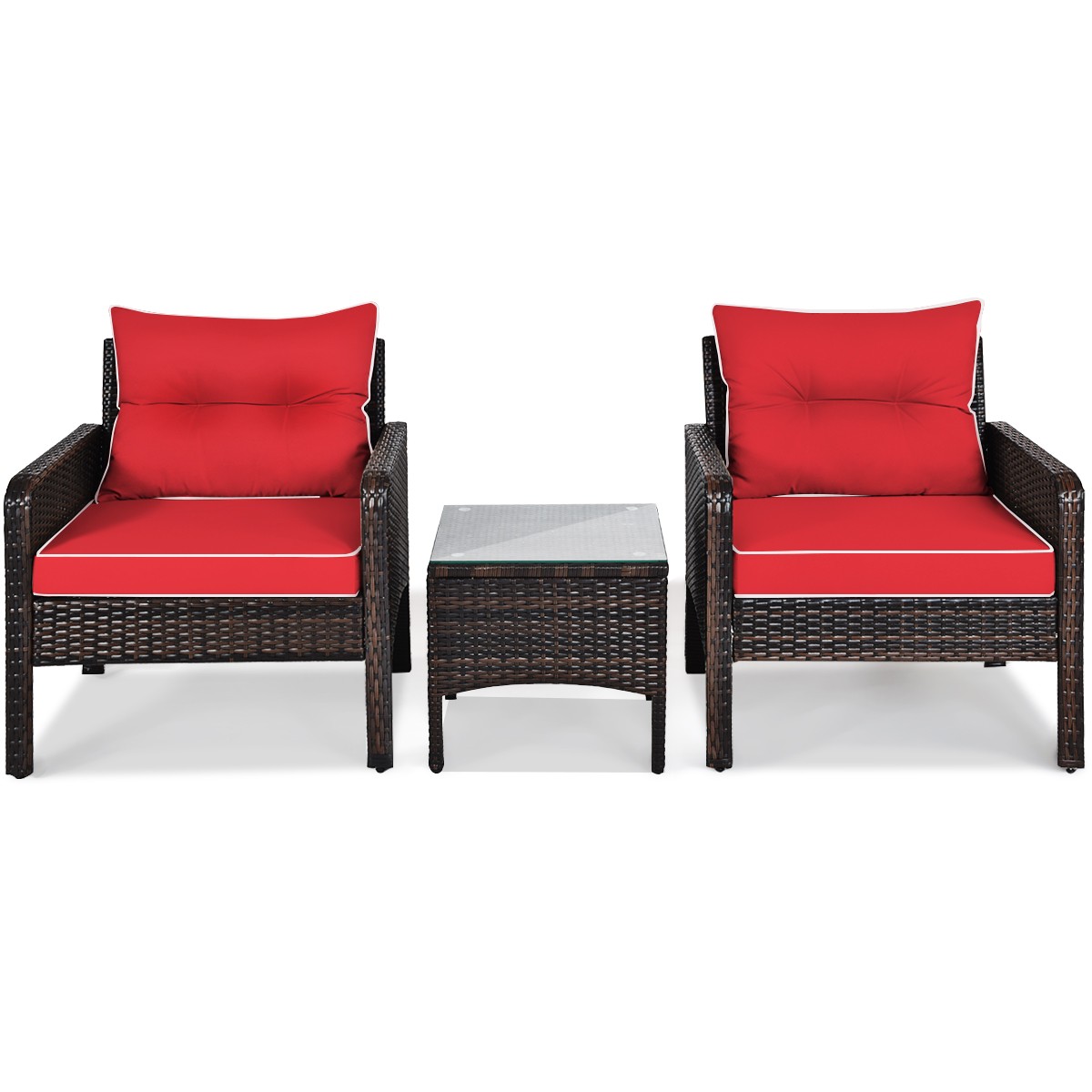 3PCS Outdoor Rattan Conversation Sofa Set Patio Furniture Cushioned Chair Red