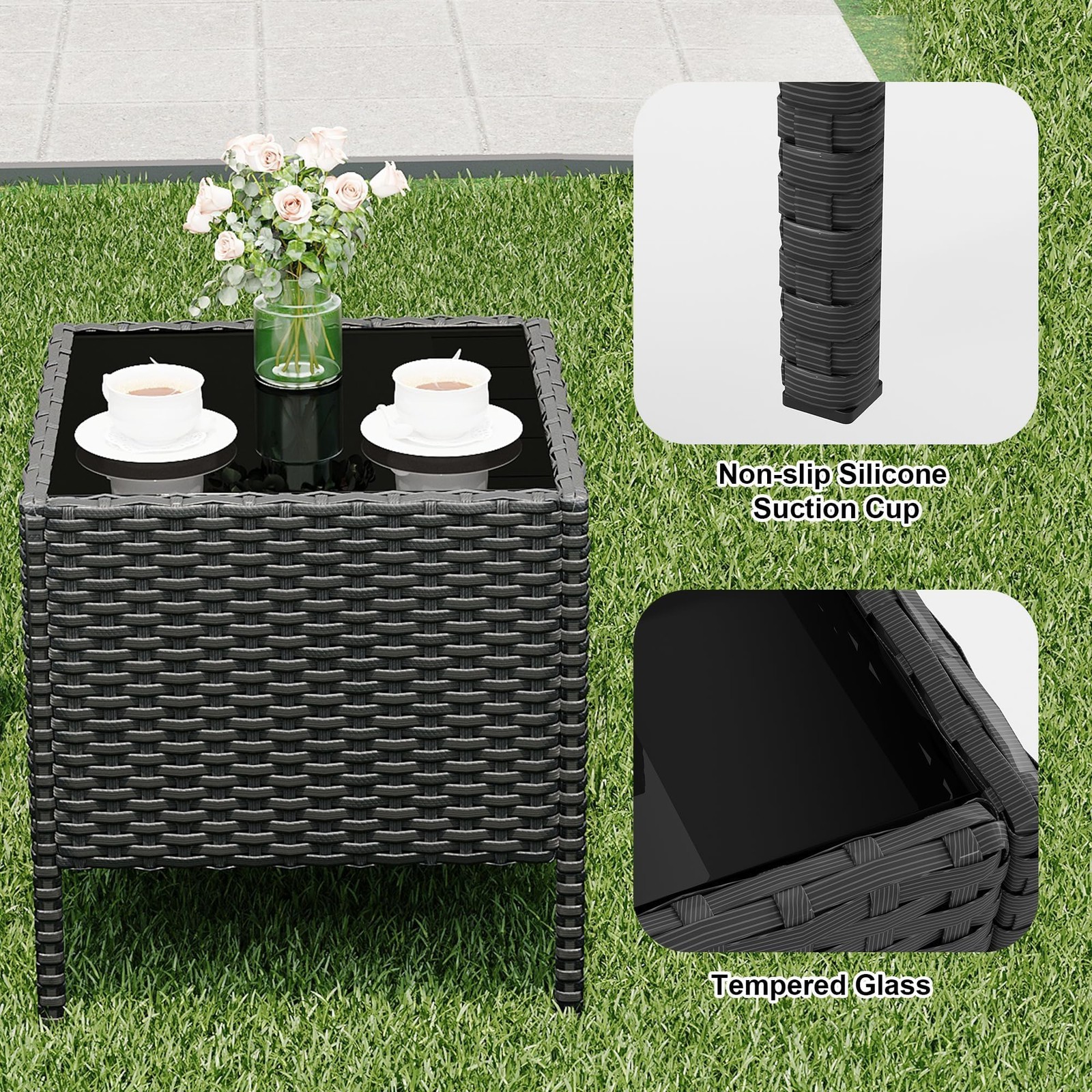 3-Piece Outdoor Patio Bistro Set PE Rattan Wicker Armchairs Water-Resistant