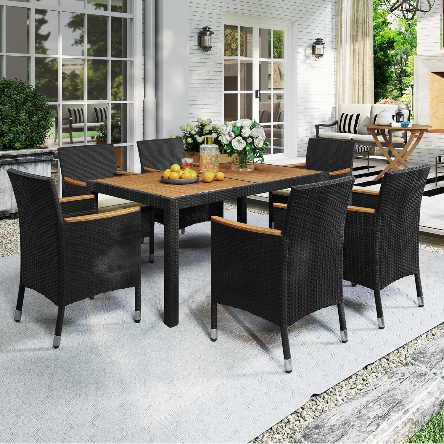 7 Piece Patio Furniture Set, Outdoor Dining Acacia Wood Table Top Rattan Convers