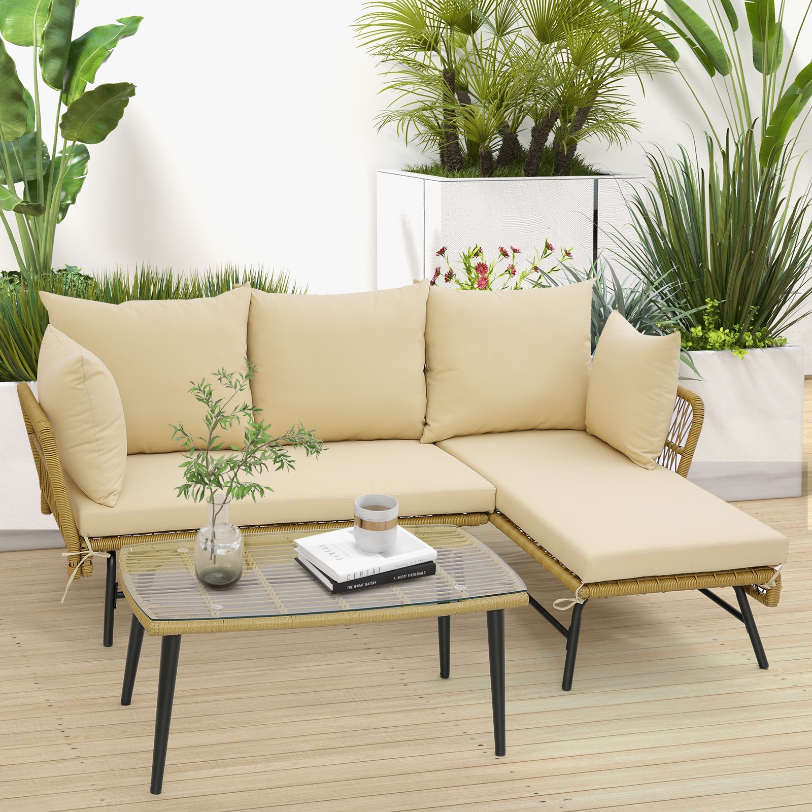 3 PCS L-Shaped Patio Sofa Set Conversation Furniture with Cushions Deck Garden