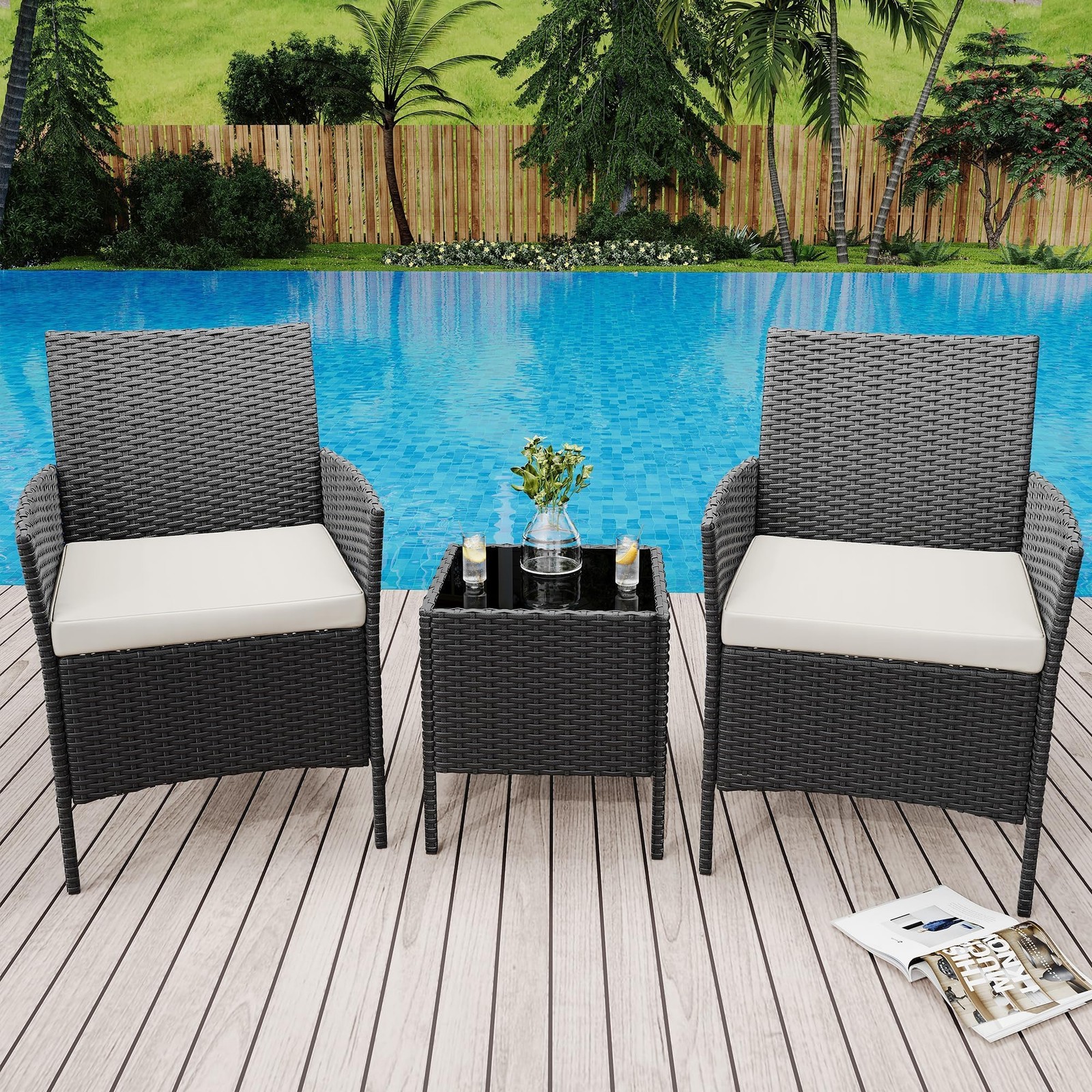 3-Piece Outdoor Patio Bistro Set PE Rattan Wicker Armchairs Water-Resistant