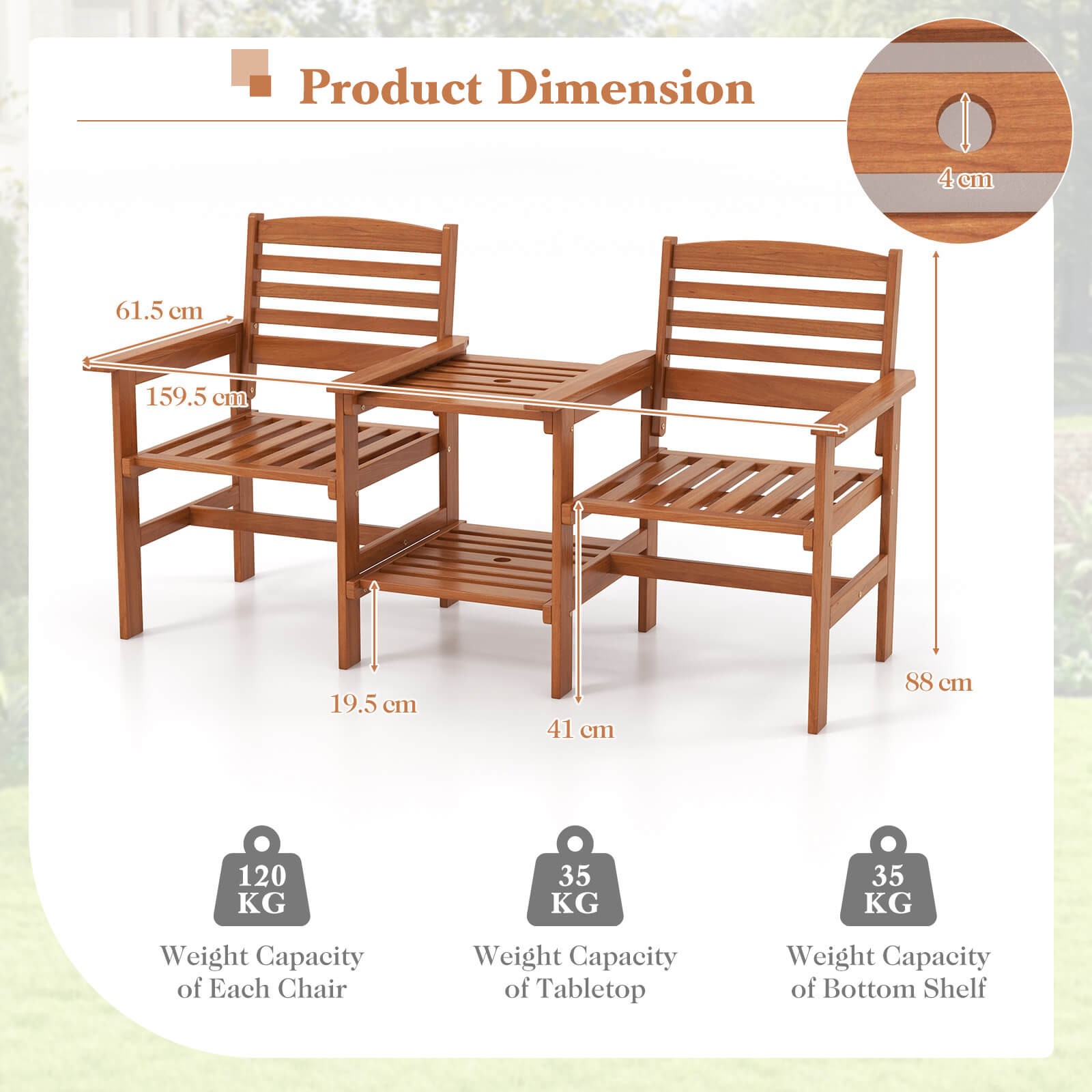 Outdoor Patio Loveseat with Coffee Table and Umbrella Hole for Garden Poolside