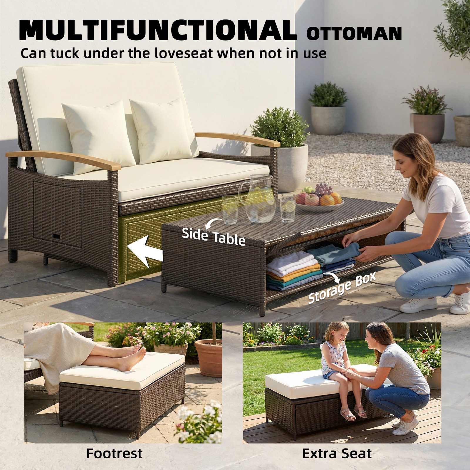 Outsunny Rattan Outdoor Daybed w/4-Level Adjustable Backrest, Beige