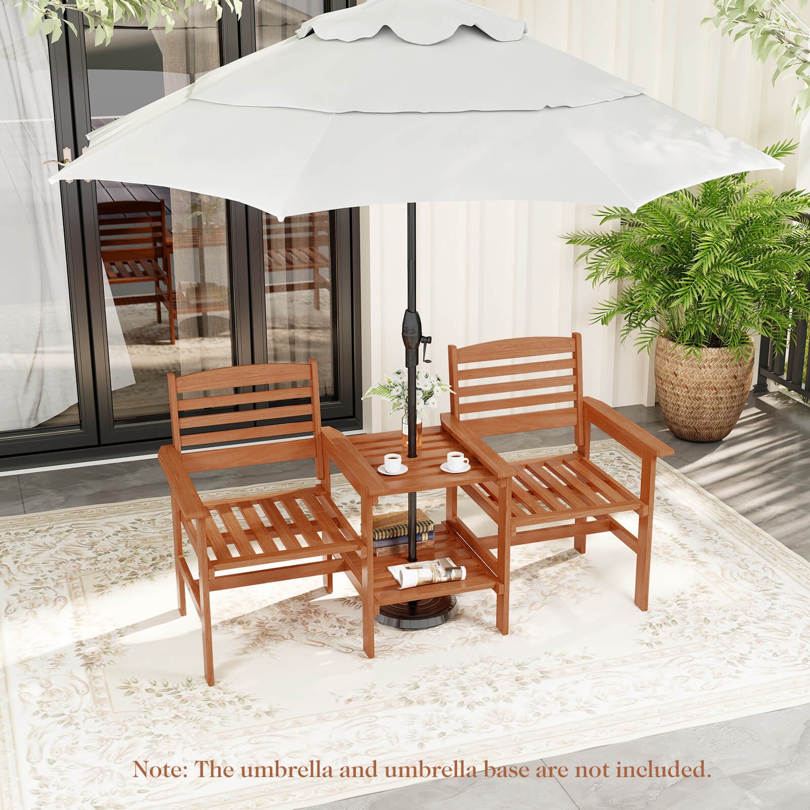 Outdoor Patio Loveseat with Coffee Table and Umbrella Hole for Garden Poolside
