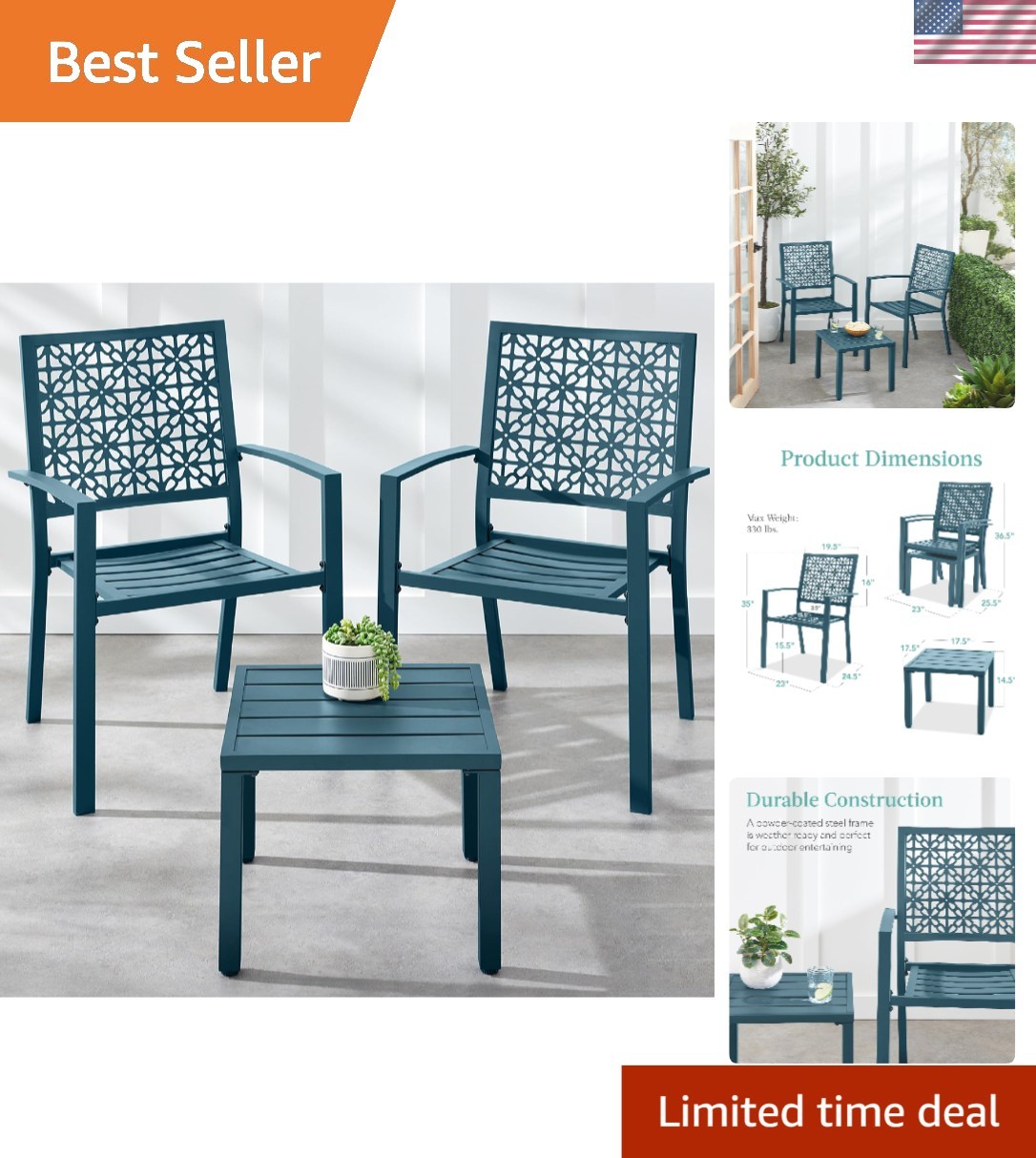 Contemporary Stackable Bistro Set: 3-Piece Steel Dining for Gardens & Porches