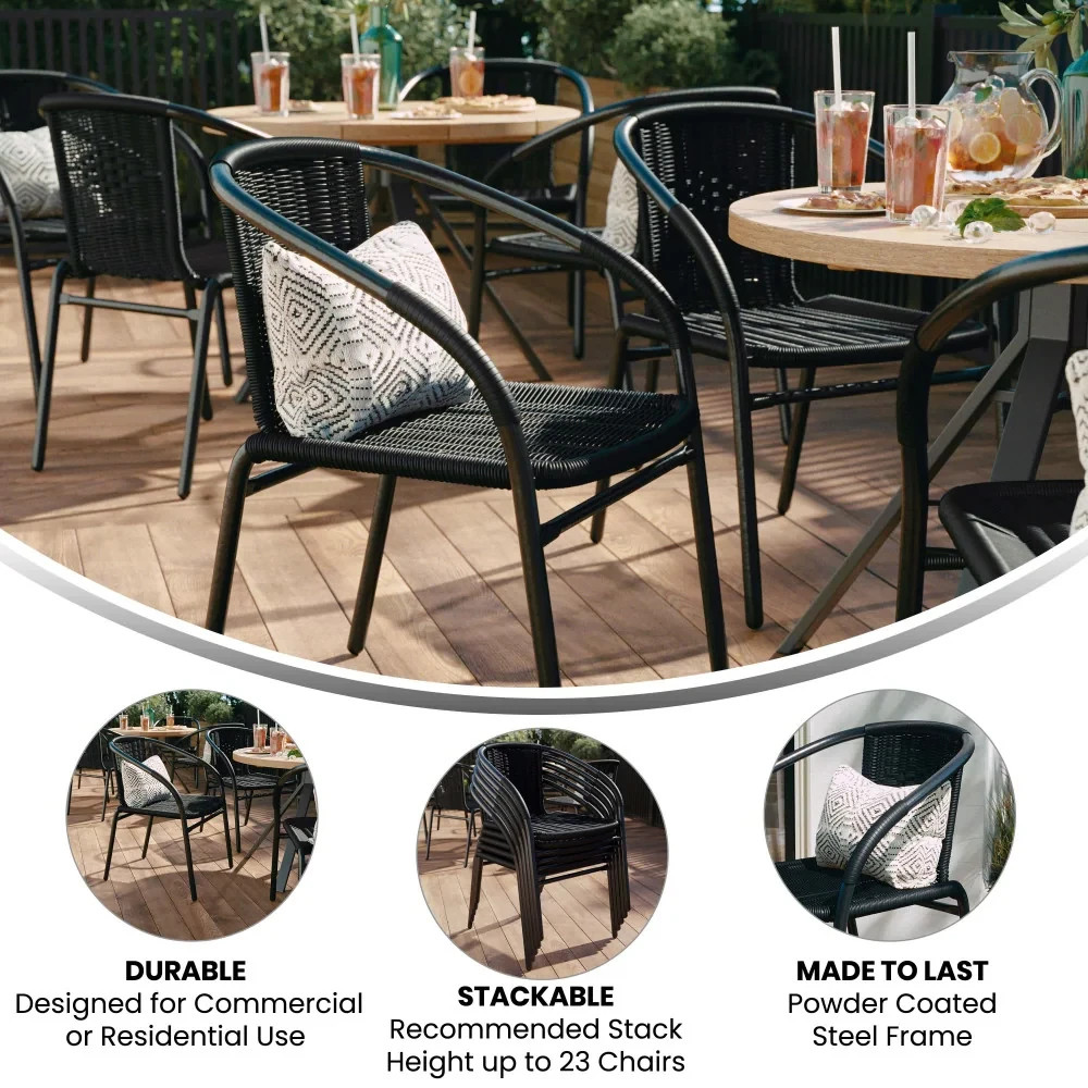 Set 2 Black Stackable Patio Chairs Rattan Indoor Outdoor Restaurant Bistro Style