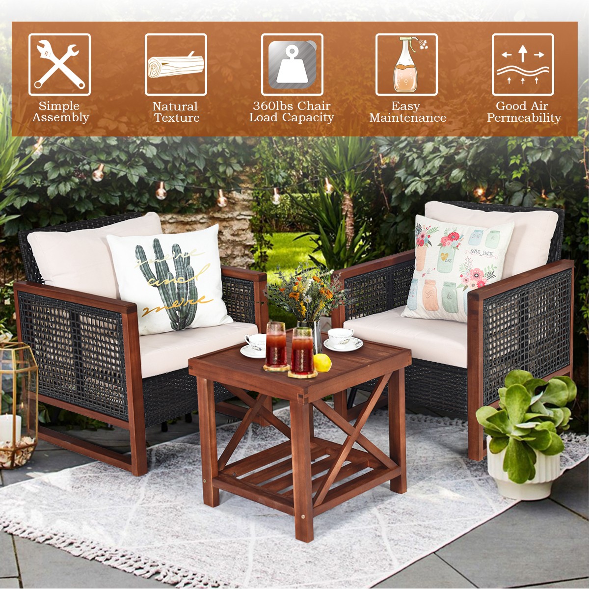 Patio 3PCS Rattan Furniture Set Solid Wood Frame Cushion Sofa Square Table Beige
