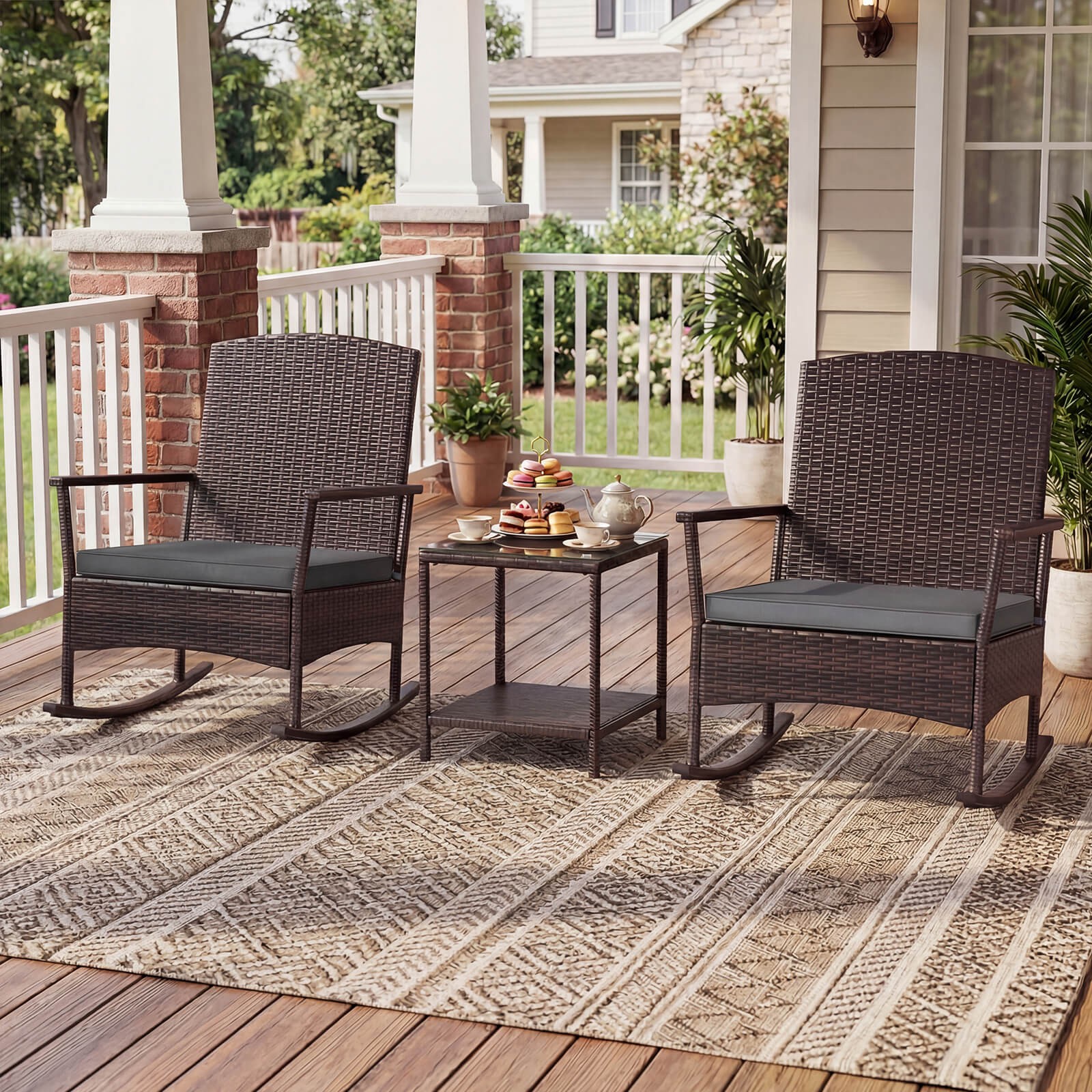 3 Piece Patio Rocking Bistro Set, 2 Rattan Armchairs with 2-Tier Side Table