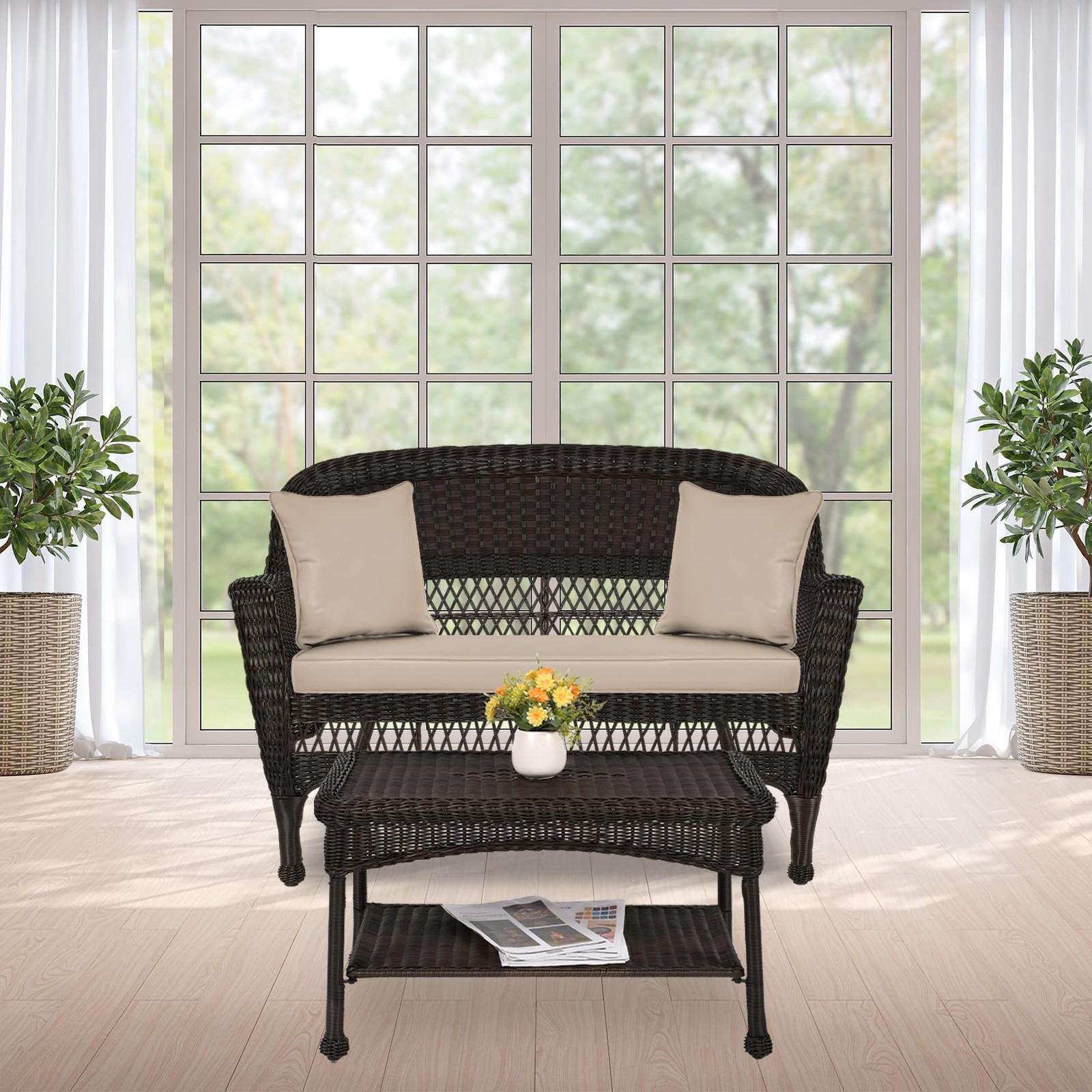 Pemberly Row Patio Love Seat and Coffee Table Set in Black with Tan Cushion