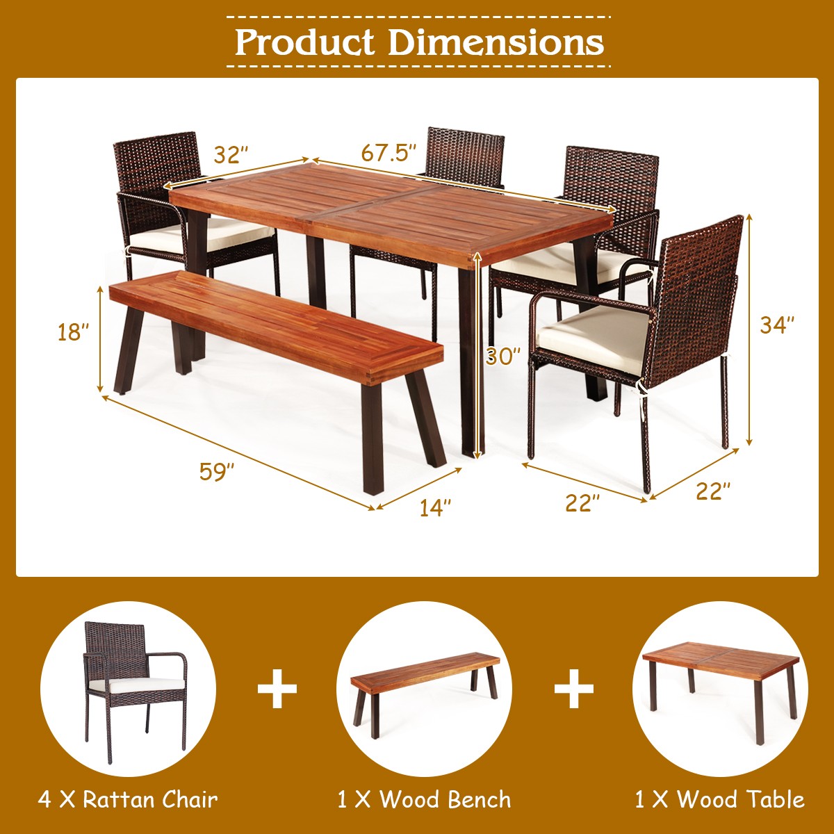 Patiojoy Patio 6PCS Rattan Dining Set Acacia Wood Tabletop Cushioned Chair
