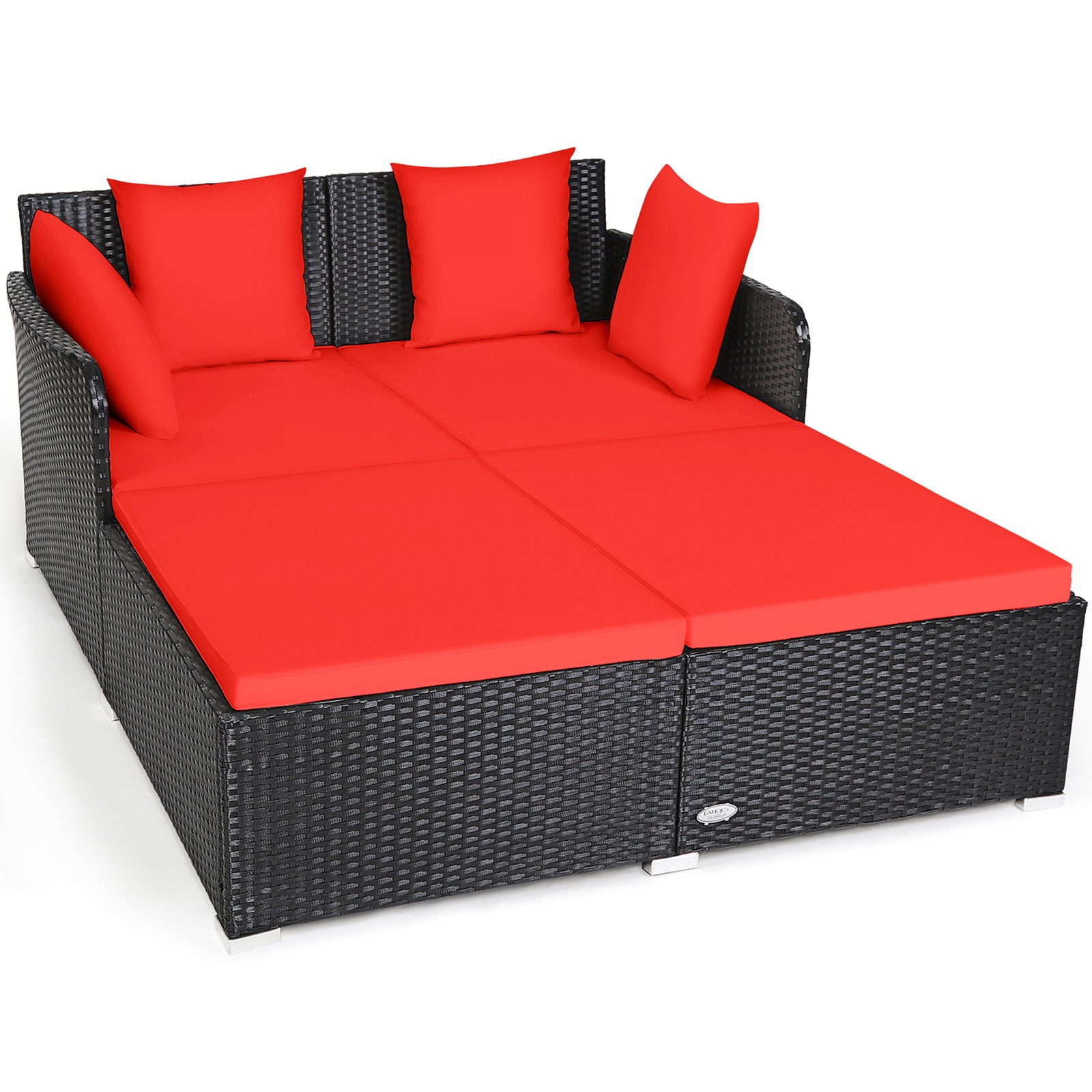 Rattan Patio Daybed Loveseat Sofa Yard Outdoor w/ Red Cushions Pillows