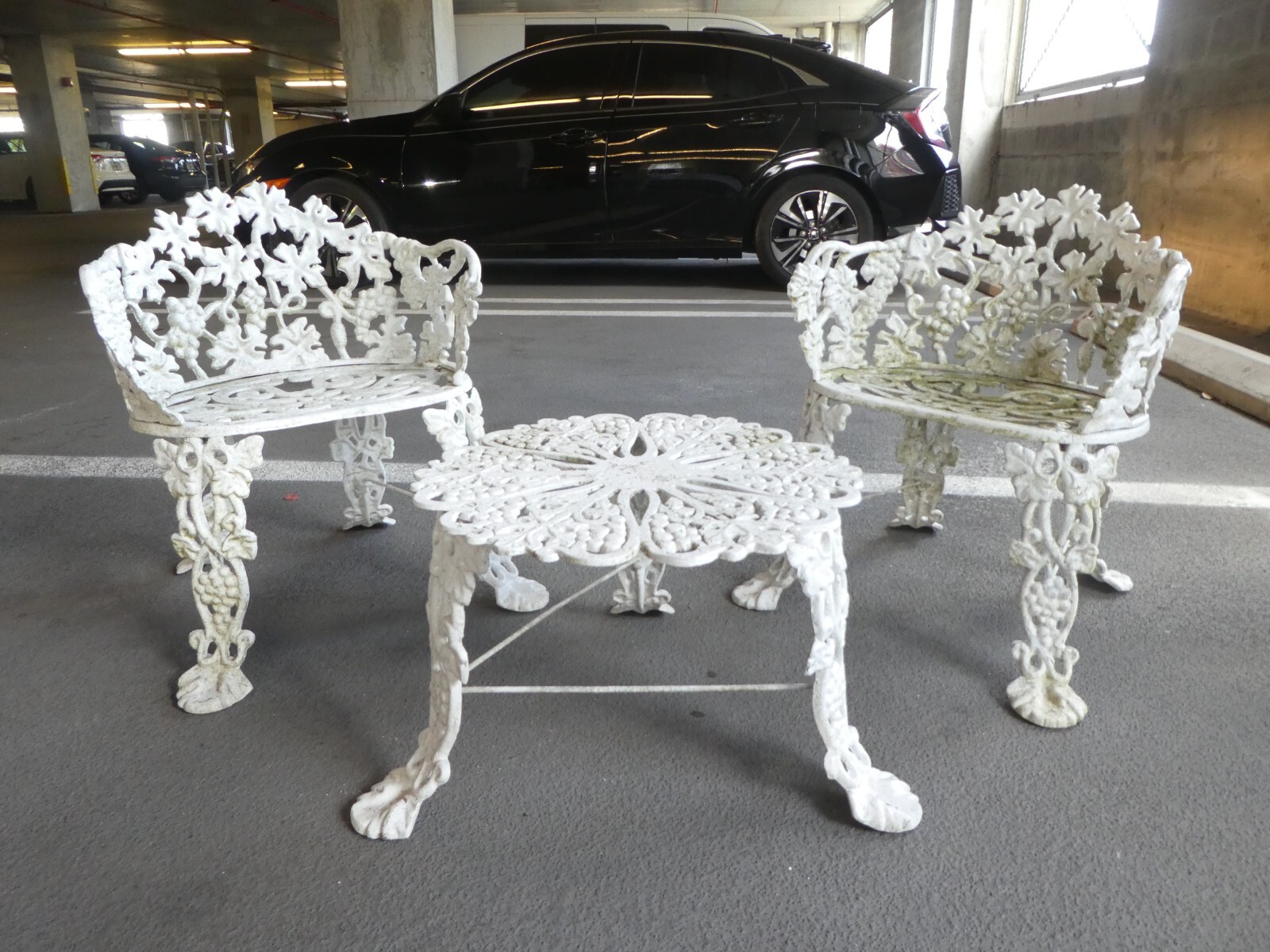 VINTAGE DIMINUTIVE CHILD’S ROCOCO PAINTED METAL GARDEN CHAIRS AND TABLE