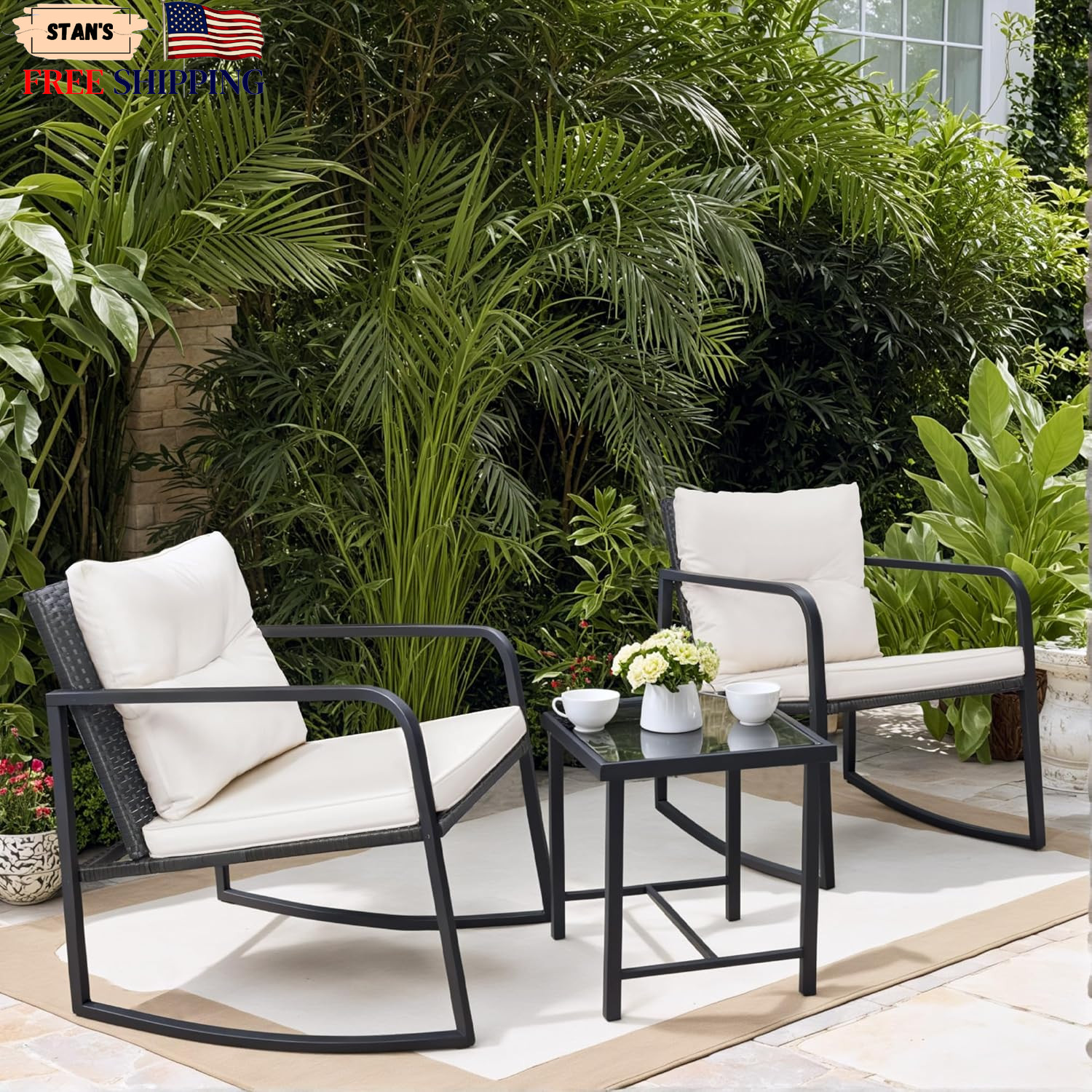 3 Pieces Rocking Wicker Bistro Set Patio Outdoor Furniture Conversation Sets wi