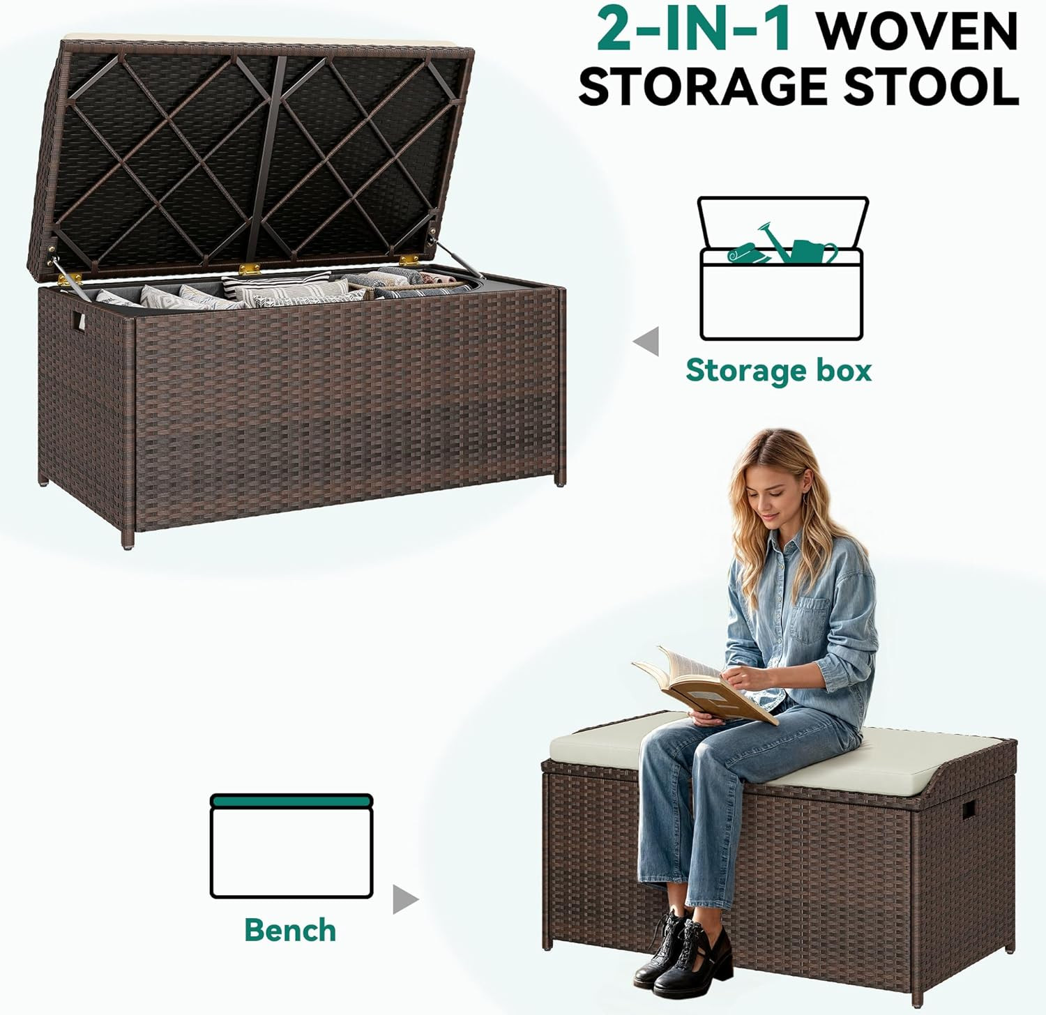 Outdoor Storage Bench, 70 Gallon PE Rattan Patio Storage Bench W/Handles and Sof