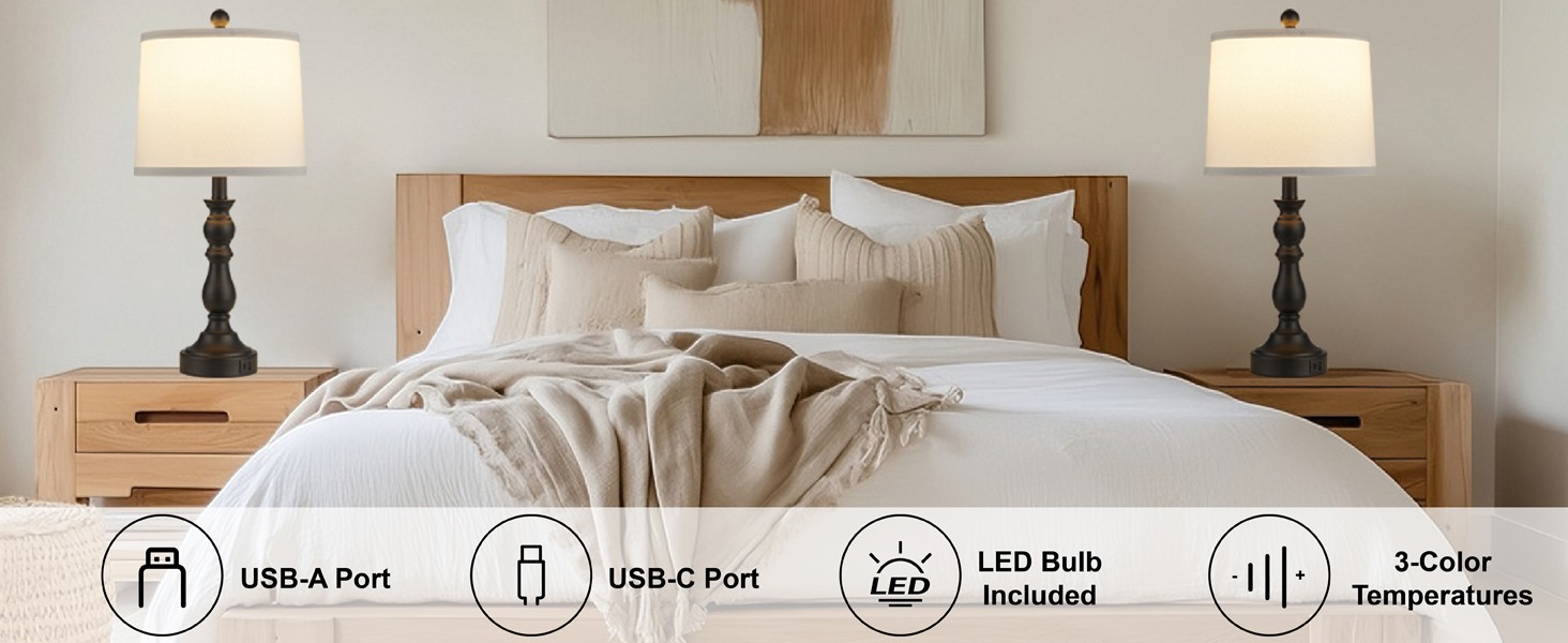 23” Farmhouse Table Lps for Living Room Set of 2 with USB C+A Ports,
