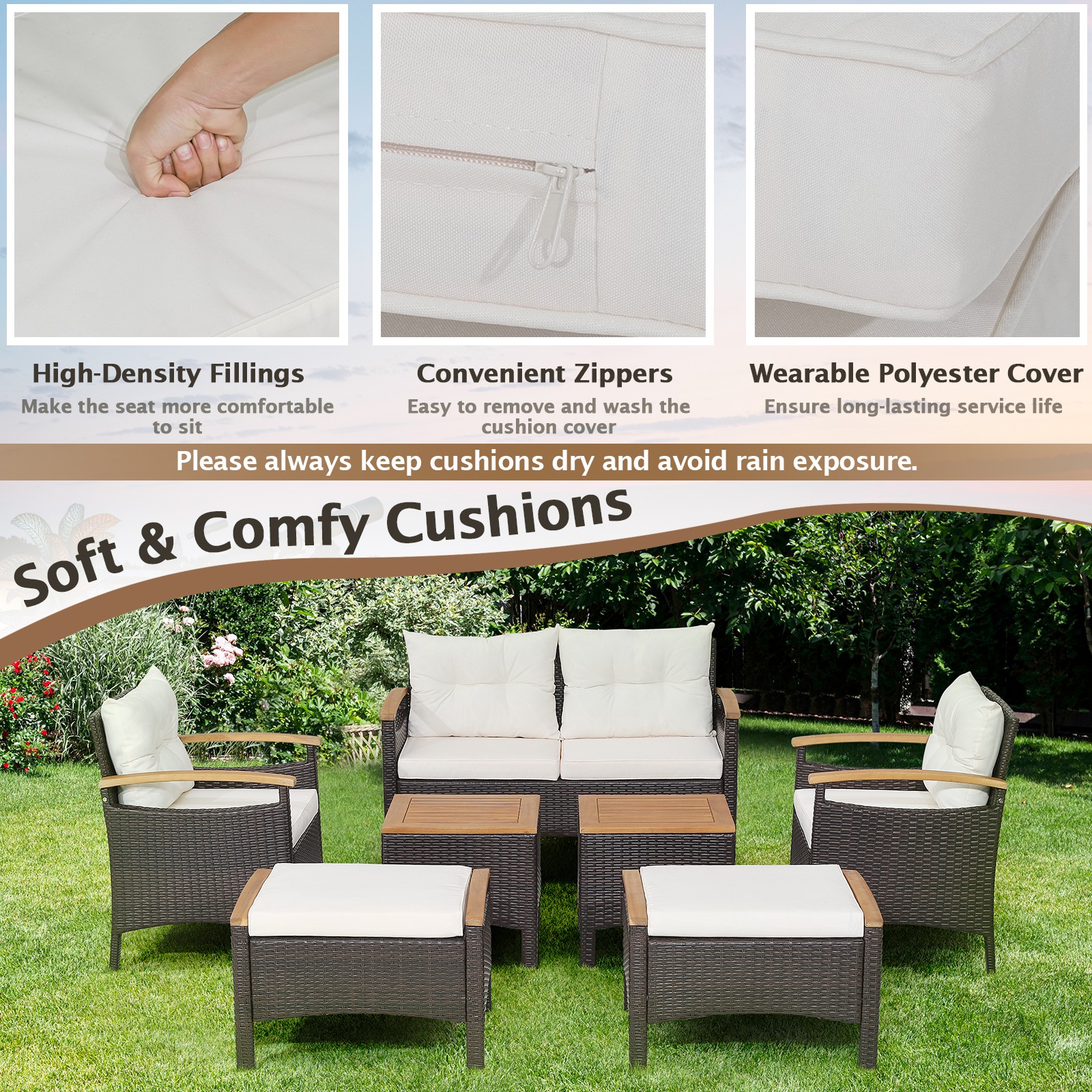 7PCS Patio Rattan Furniture Set Cushion Armrest Loveseat Ottoman Table