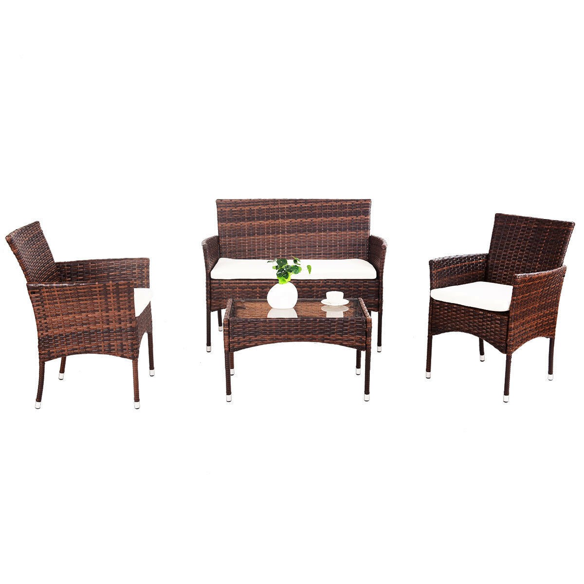 4PCS Outdoor Patio PE Rattan Wicker Table Shelf Sofa Furniture Set With Cushion