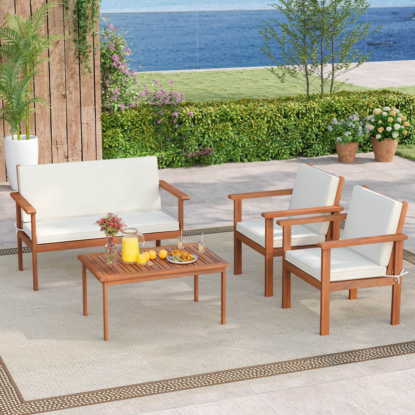 8 PCS Acacia Wood Conversation Set w/ Seat & Back Cushions Loveseat Armchairs