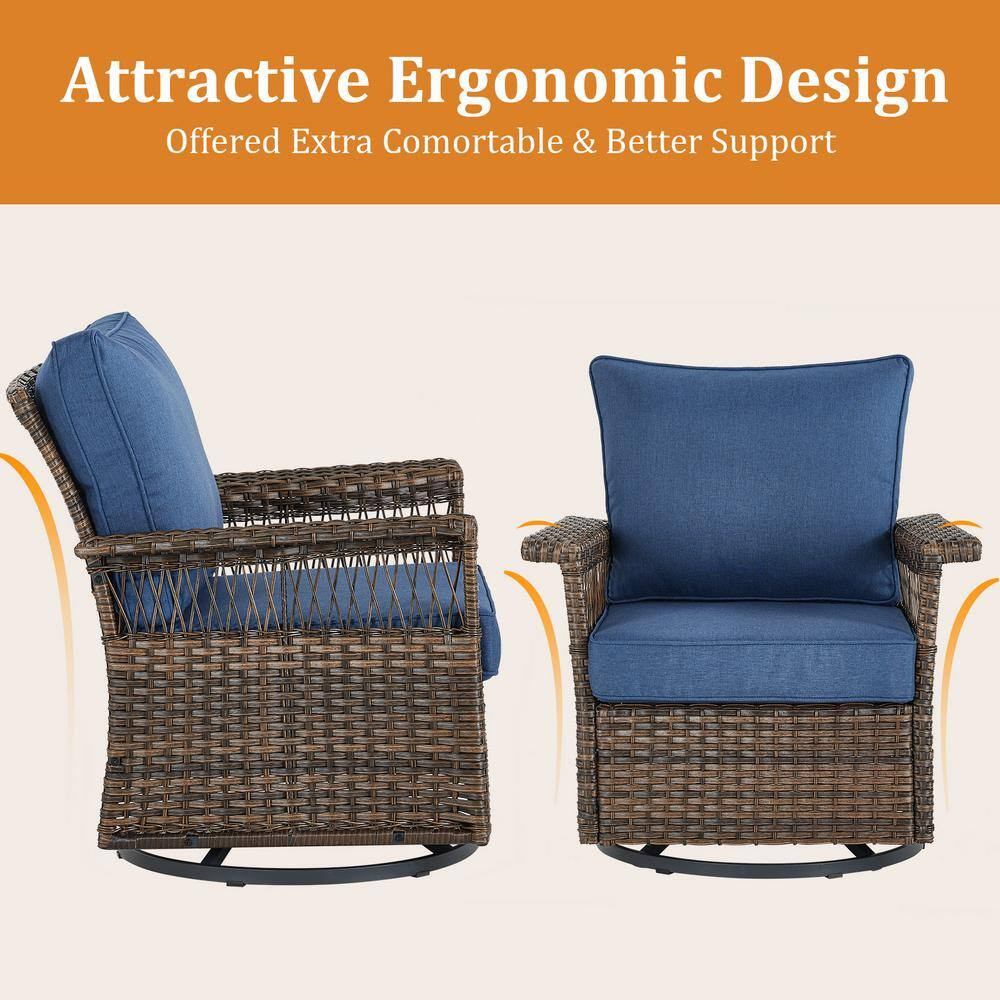Stlouis Brown 3-Piece Wicker Patio Conversation Set with Blue Cushions