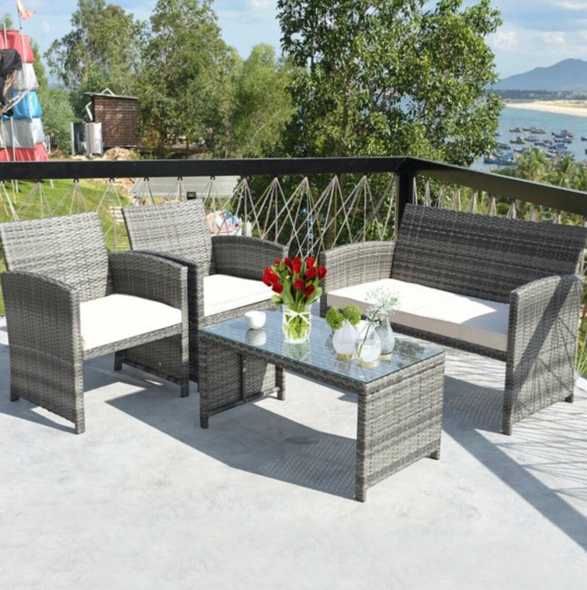 Costway 4PCS Rattan Patio Furniture Set Garden Sofa Cushioned Seat Mix Gray Wick