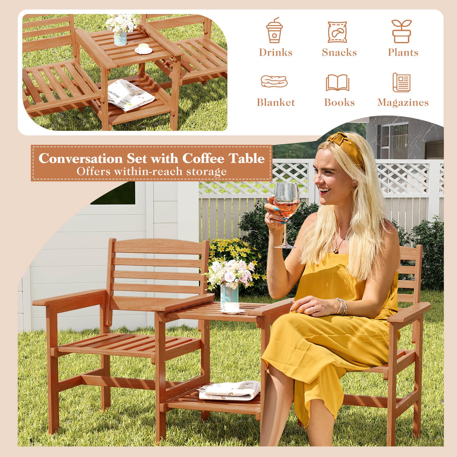 Outdoor Patio Loveseat with Coffee Table and Umbrella Hole for Garden Poolside