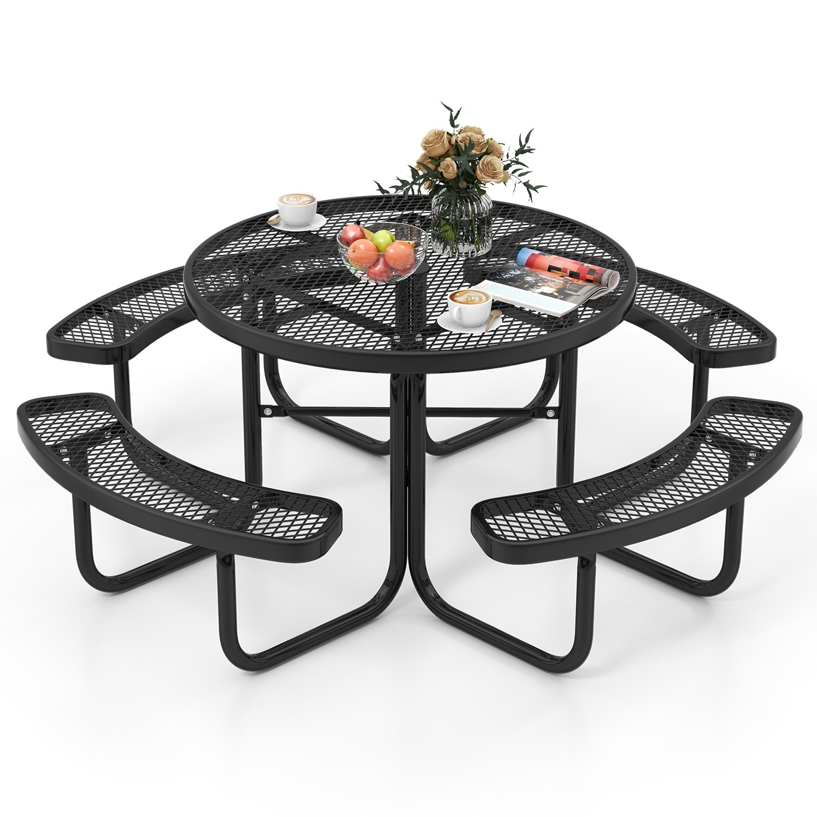 45″ Outdoor Round Picnic Table Bench Set for 8 w/ Umbrella Hole BLK