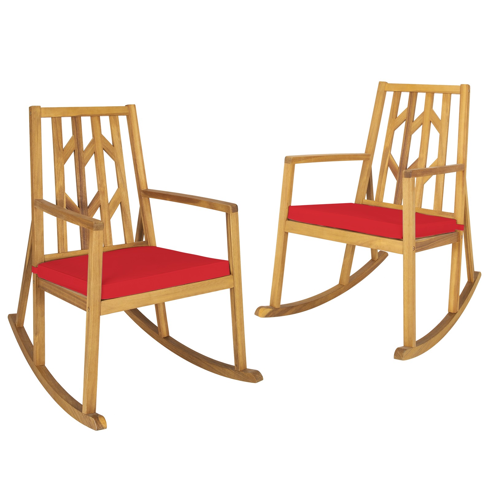 2 PCS Patio Rocking Chair Acacia Wood Armrest Cushioned Sofa Garden Deck Red